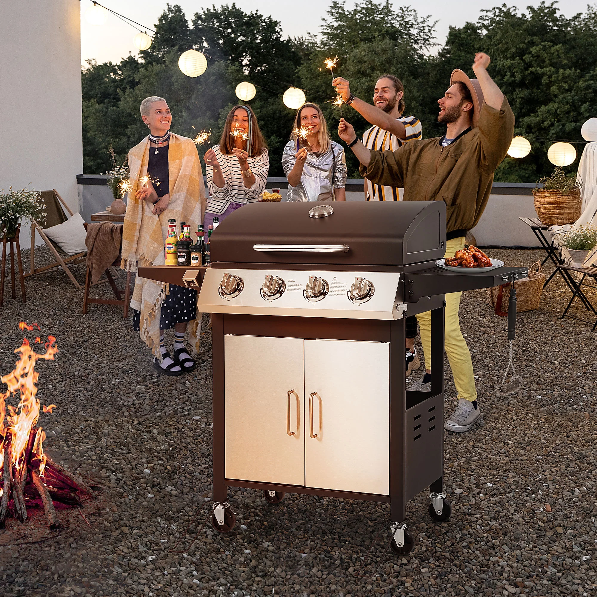 4-Burner Gas Grill with 4 Universal Wheels & Bottle Opener, 40000BTU Outdoor Grill with Side Table for Camping, Black & Sliver - Image 8