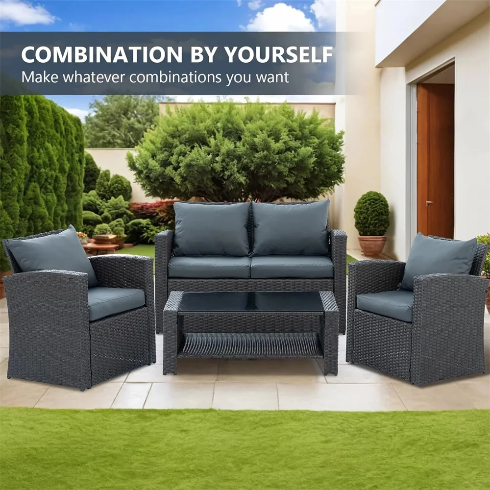 4 Pieces Patio Conversation Set, Outdoor Furniture Set with Cushion, Outside Sectional Rattan Wicker Sofa Furniture Set for Garden, Porch, Backyard, Gray - Image 13