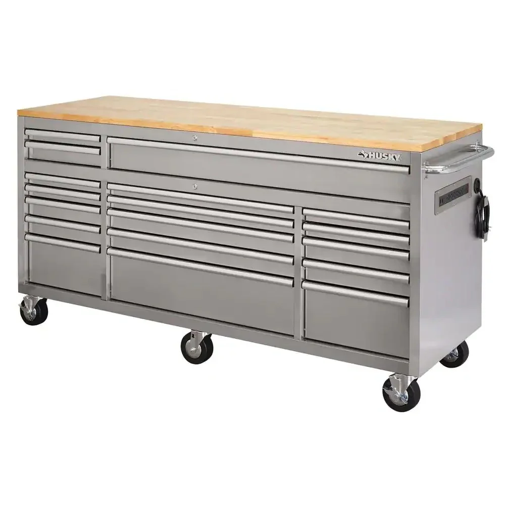 72 in. 18-Drawer 24 in. D Mobile Workbench With Solid Wood Top - Stainless Steel 72 in. 18-Drawer 24 in. D Mobile Workbench With Solid Wood Top - Stainless Steel