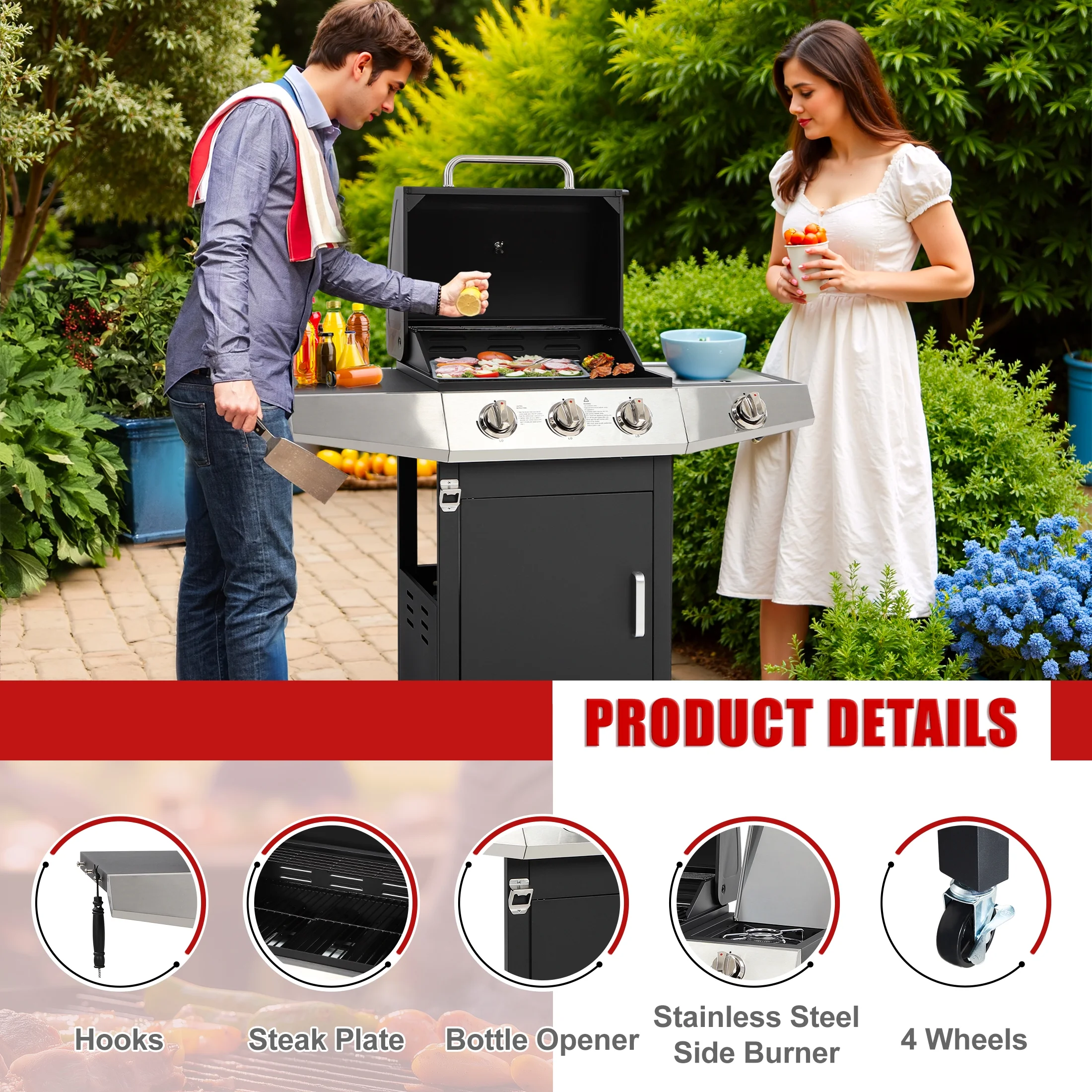 4-Burner Gas Grill with 4 Universal Wheels & Bottle Opener, 40000BTU Outdoor Grill with Side Table for Camping, Black & Sliver - Image 14