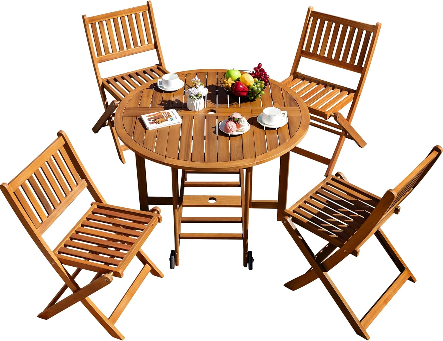 WAYFAIR Greesum 5 Piece Patio Dining Set Outdoor Acacia Wood Furniture All-Weather Folding Round Table And Chairs For Backyard, Balcony, Porch, Deck, Garden