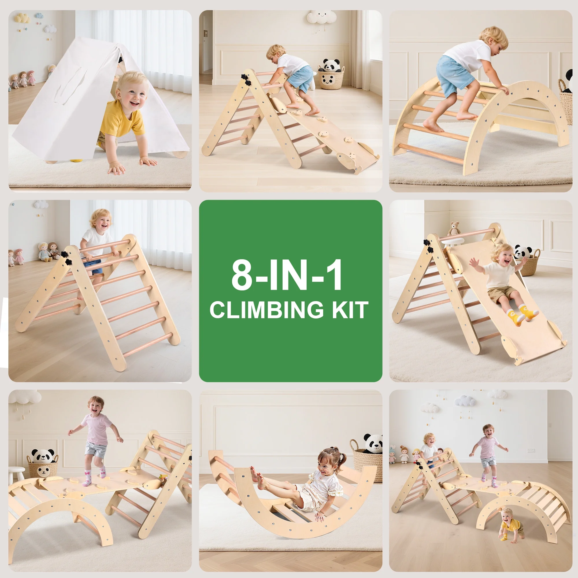 Lookfly 8 in1 Pikler Triangle Set Foldable Baby Climbing Toys for Toddlers 1-6 Inside with Ramp,Toddler Climbing Toys Indoor Baby Gift - Image 9