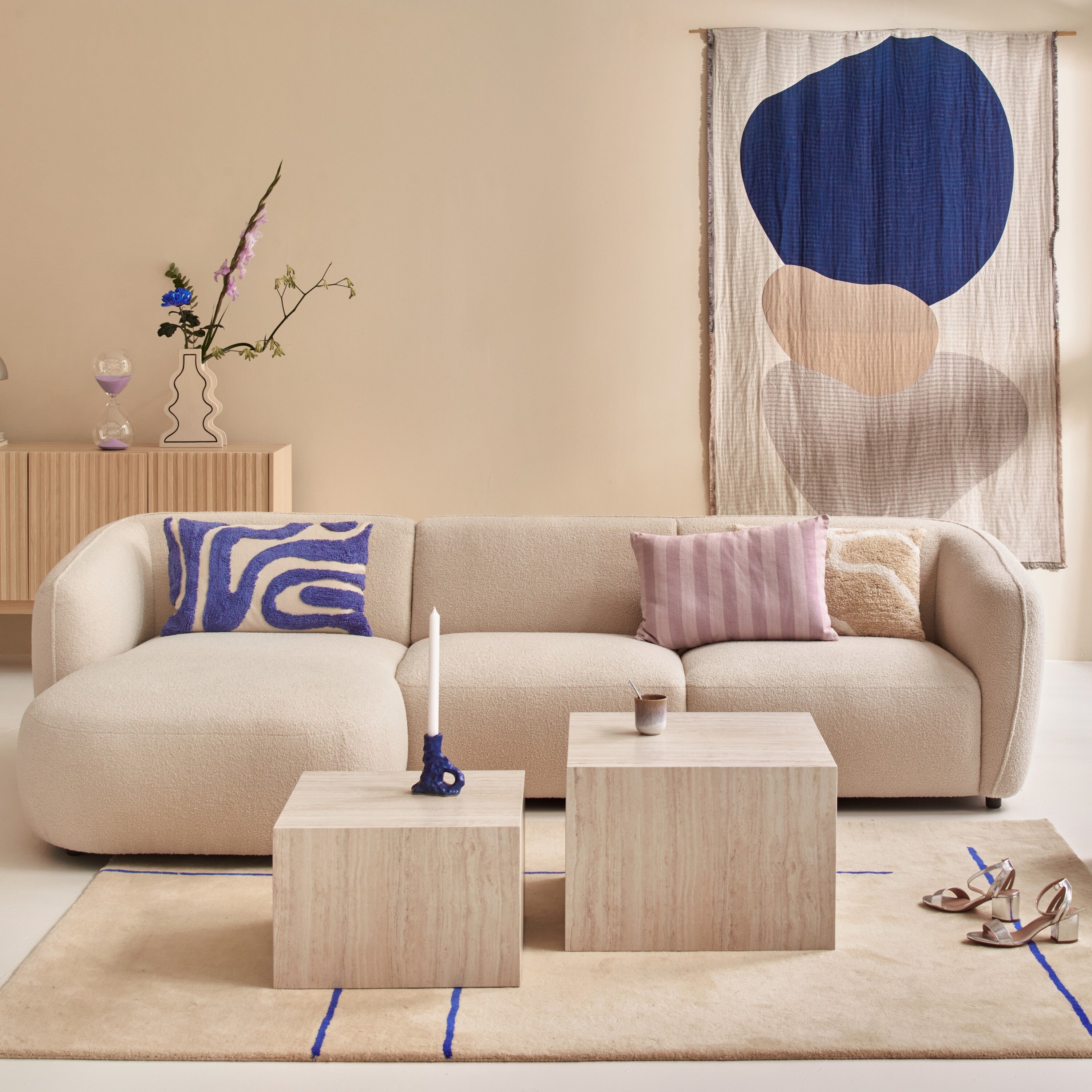 Blokker Soft Hoekbank met Chaise Longue Links - Bouclé - Crème