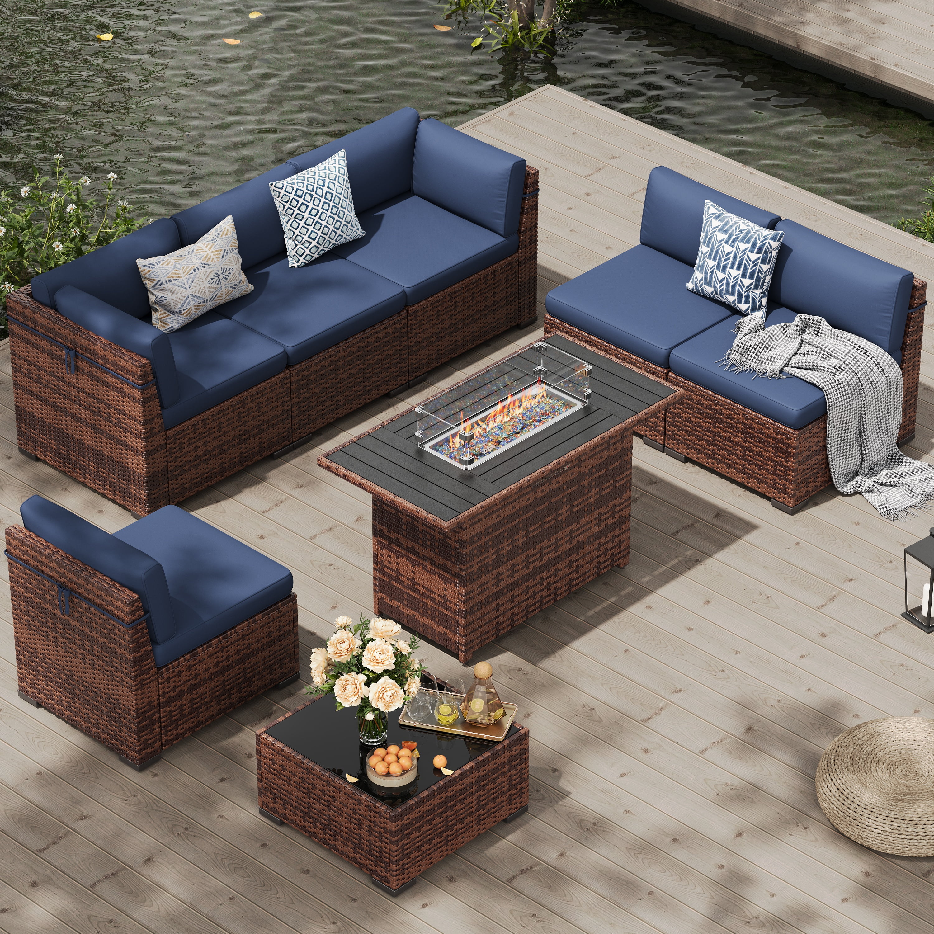 MRUAKA 8 Pieces Patio Furniture Set with Fire Pit Table, Outdoor Furniture Sectional Rattan Sofa with Slanted Back, Patio Couch with Glass Coffee Table for Backyard Garden (Dark Grey) - Image 29