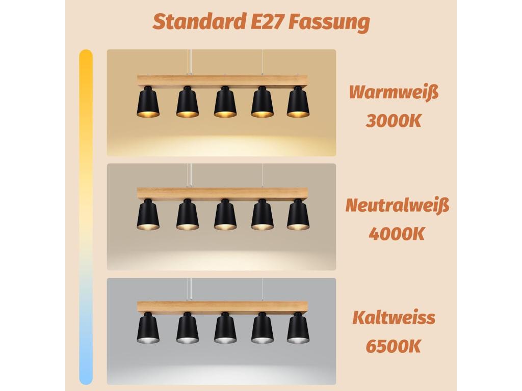 Mubdelu - Suspensión con 5 bombillas E27 negra, diámetro de 102 cm, moderna, de metal y madera, lámpara para comedor/dormitorio/cocina/vestíbulo.