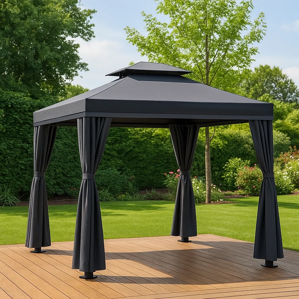Cenador y quiosco cuadrado,metal color negro,techo a cuatro aguas,independiente,con cortinas,300x300x270 cm,para jardín. - dbYA5TTmNmGF