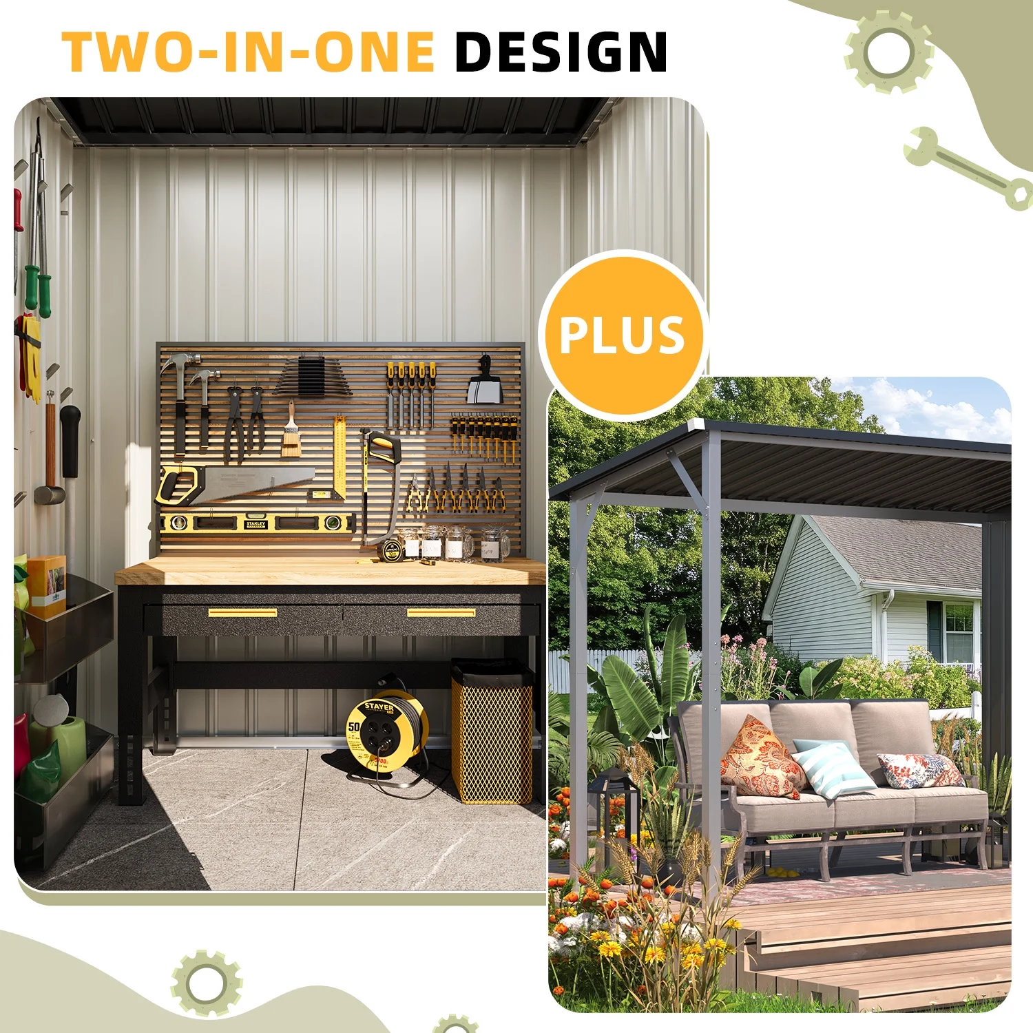 YODOLLA Outdoor Open-Sided Storage Shed, 3x5 Sheds & Outdoor Storage with 15 Sq. Ft Covered, 5x3 Small 2-in-1 Tool Shed with Attached Hardtop Metal Pergola Gazebo - Image 13