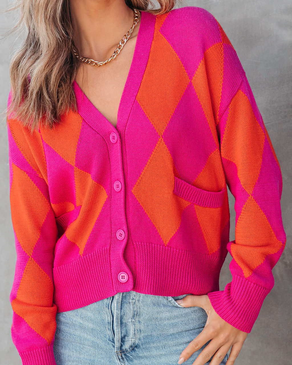 Daria Argyle Pocketed Cardigan - Orange - Se7enfashion