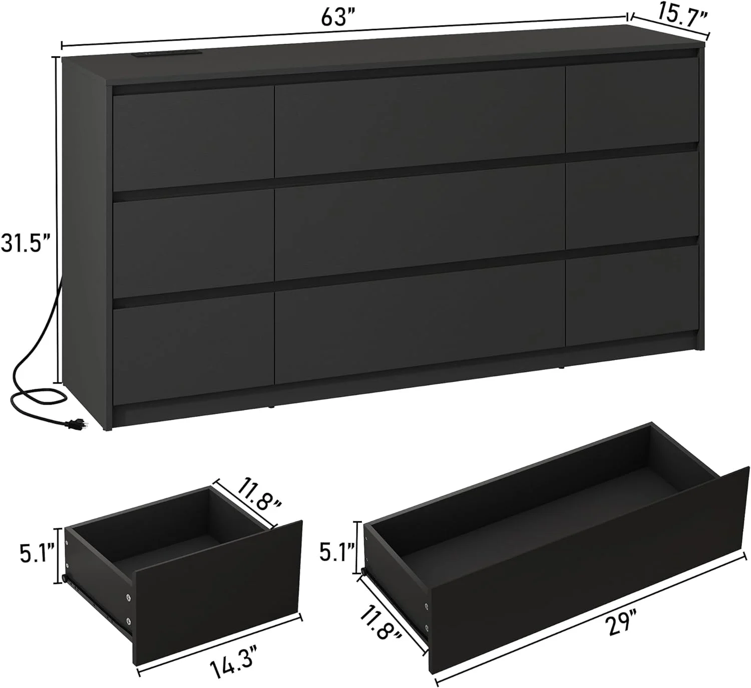 ChVans Black 9 Drawers Dresser with Charging Station, 63" Long Modern Dresser with 9 Drawers for Bedroom, Large Wood Chest of Drawers Handle Free, Dresser for Bedroom, Living Room, Hallway - Image 6