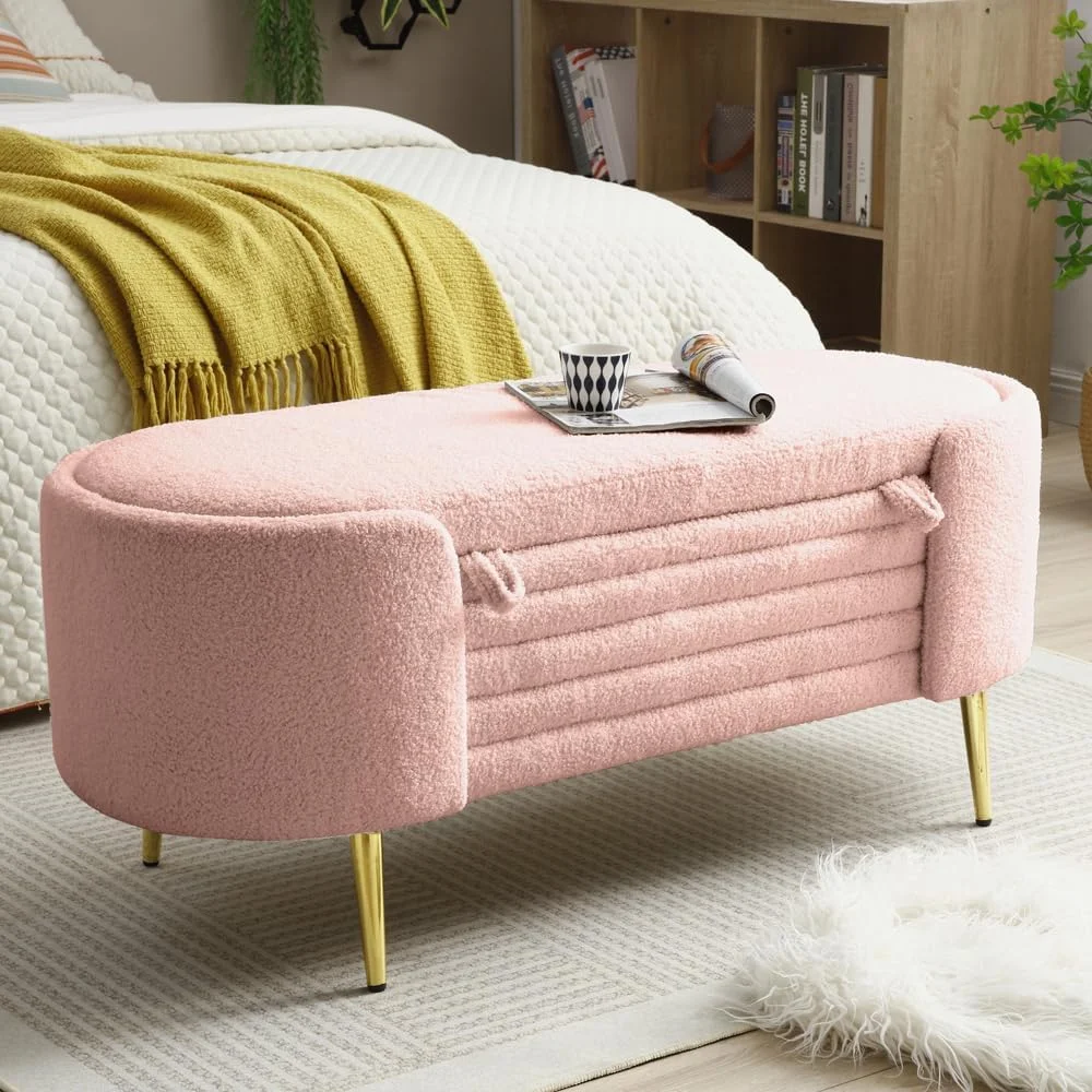 Sumdeal 43.5" Storage Ottoman Bench with 250lb Seating, Linen Upholstered Wood Legs Safety Hinge Flip Top Oval Foot Rest Long Stool for Sofa Couch Bedroom End of Bed Living Room Entryway, White - Image 48