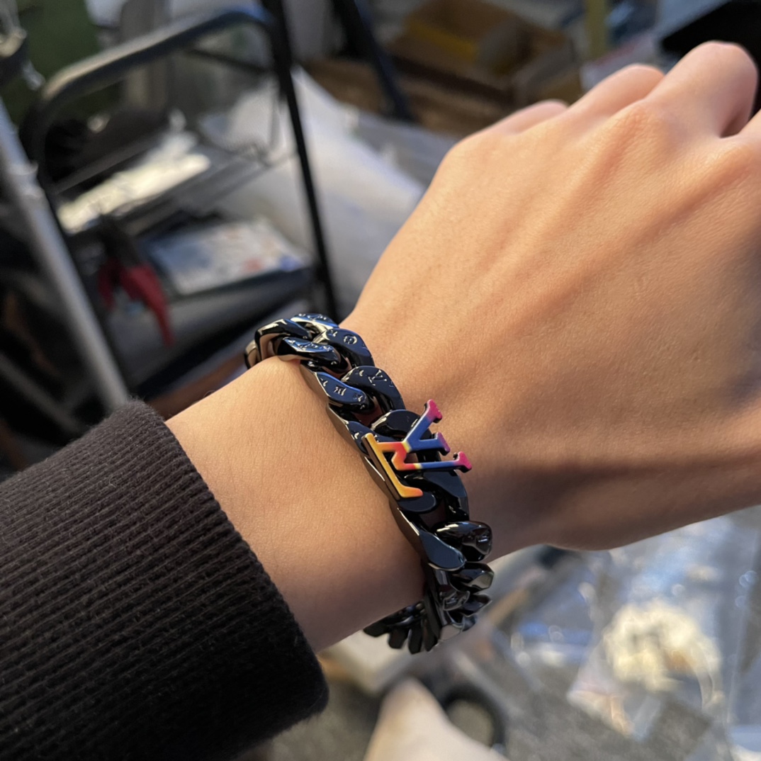 Louis Vuitton Black Cuban Chain Color LV Mens Bracelet Necklace - Original Replica Club