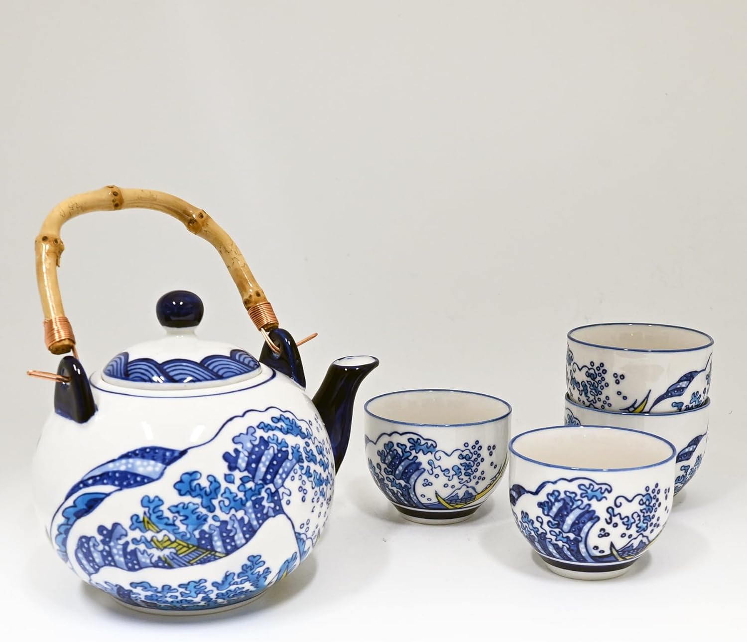 Urban Tokyo Hokusai Inspired Great Wave Porcelain Tea Set with Bamboo Handle, 30 oz Teapot with 4 Cups, Blue and White, Gift Box
