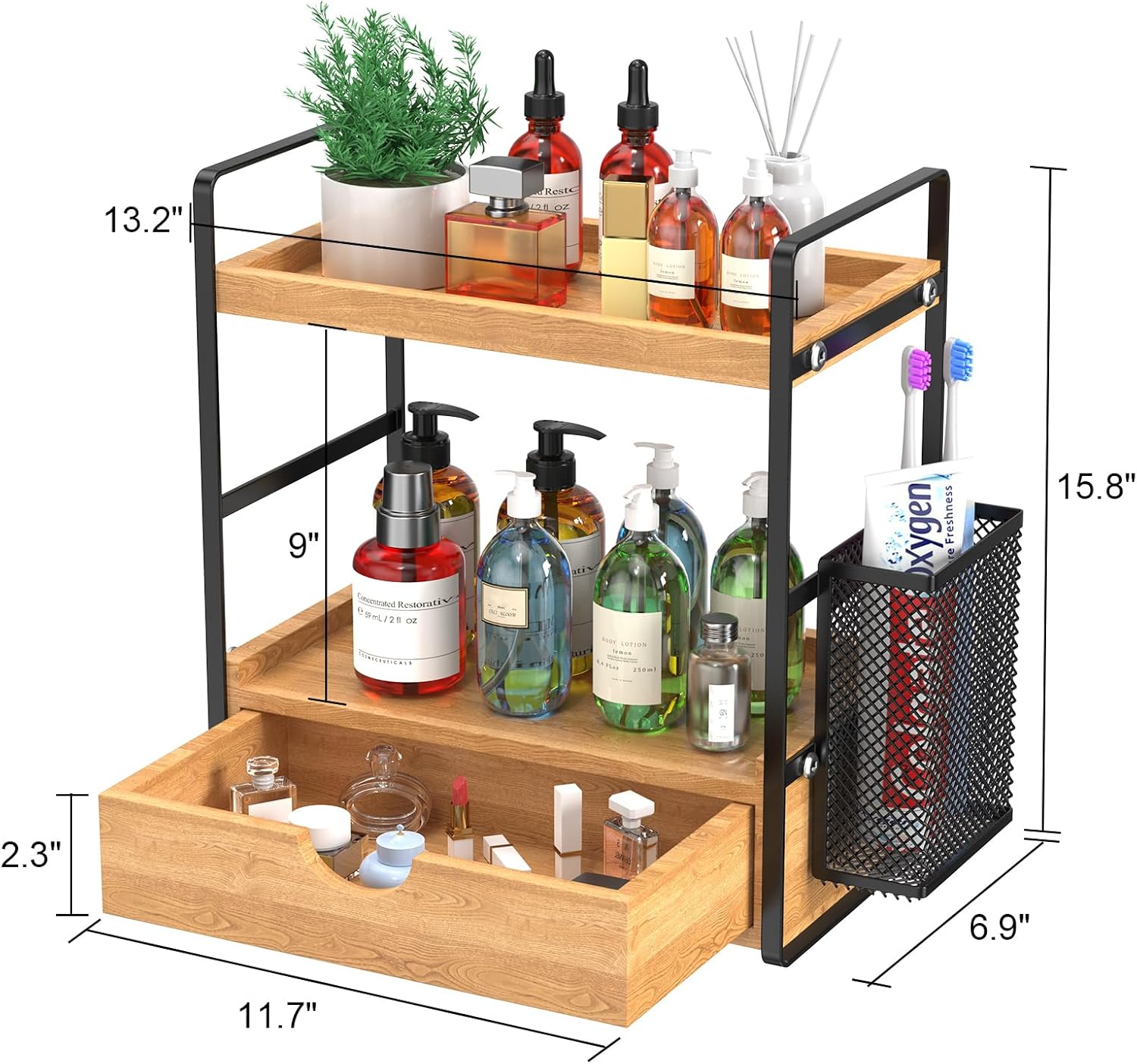 LEMIKKLE Bathroom Counter Organizer with Drawer and Basket,Wood Countertop Organizer for Bathroom Decor Makeup Tray for Perfume Skincare Bedroom Kitchen Corner