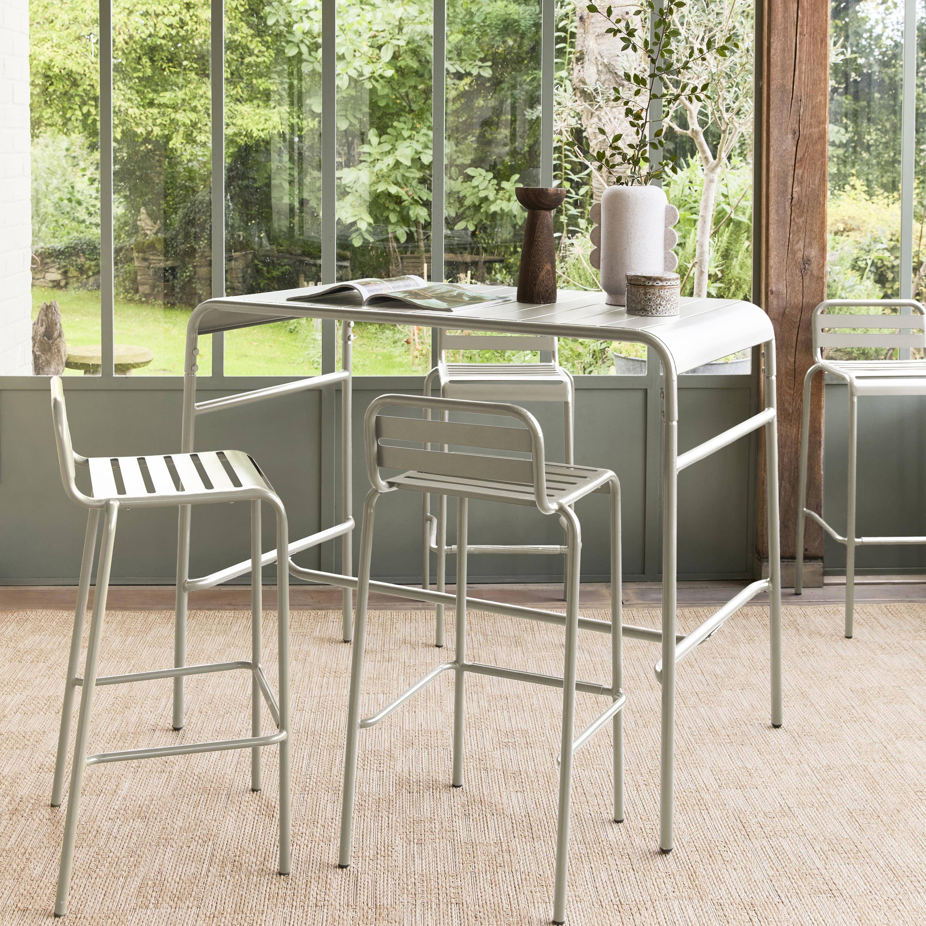 Amelia - Set mesa alta de jardín tipo bistró de acero con 4 sillas altas de acero, 120cm