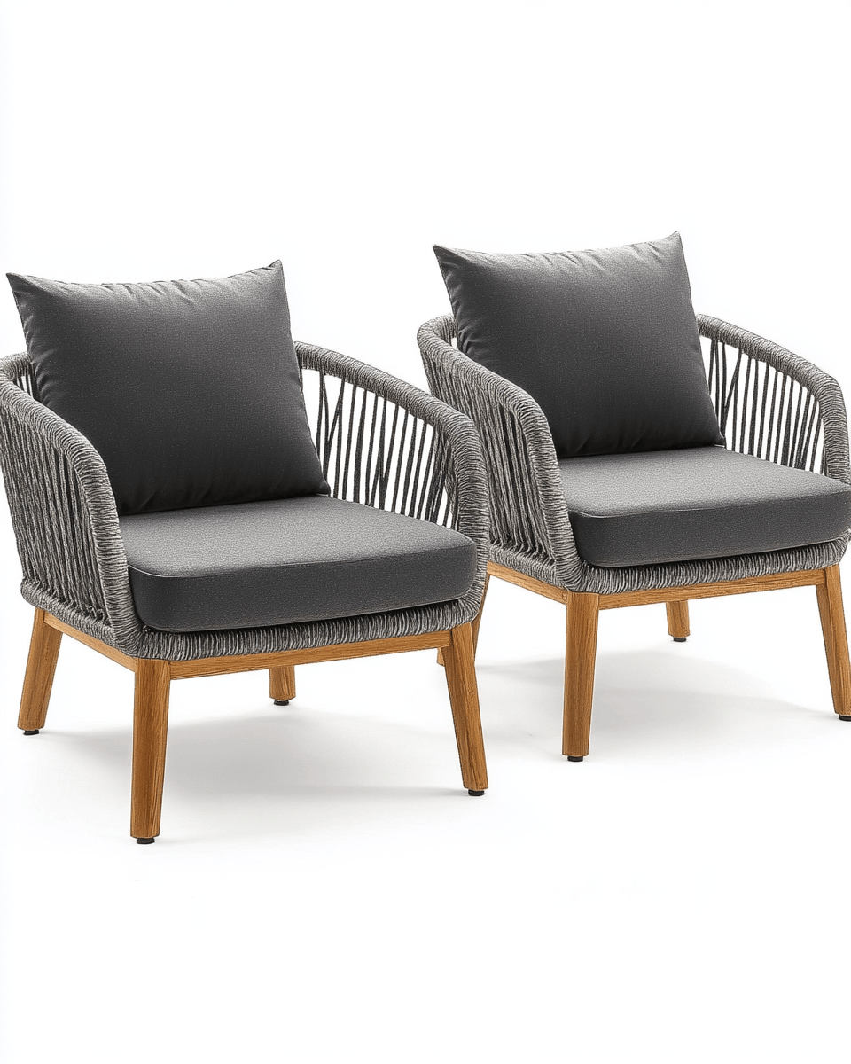 Sillón de jardín con estructura de cuerda gris y cojines – patas efecto madera – diseño moderno para exterior