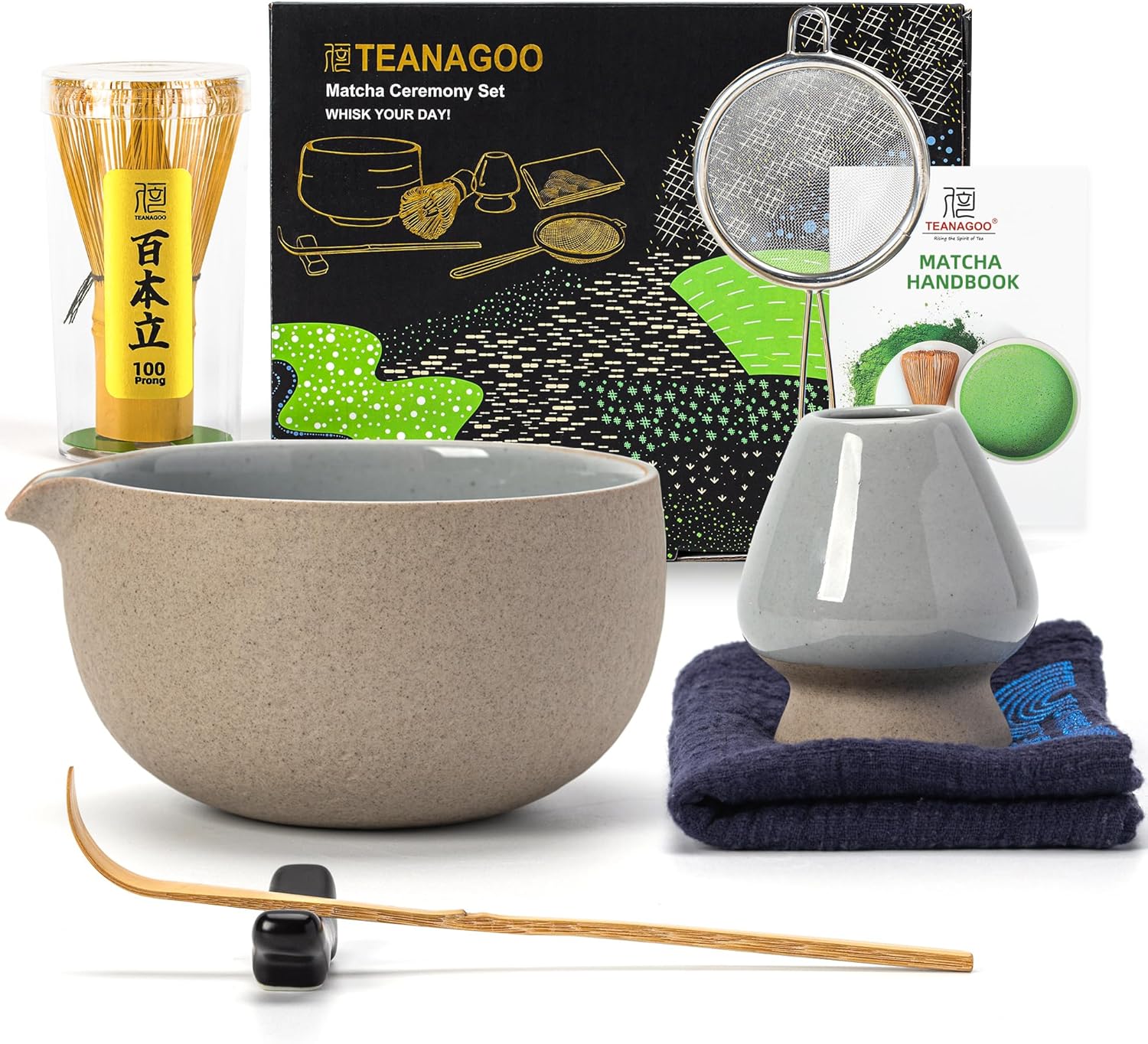 TEANAGOO Matcha Whisk Set Black,7 Pcs Matcha Set,Matcha Kit for Ceremony,Tradition Tea Set for Making Breakfast/Latte,Matcha Whisk Set with Bowl(Chawan)/Whisk and Holder,Gift for Family/Friend