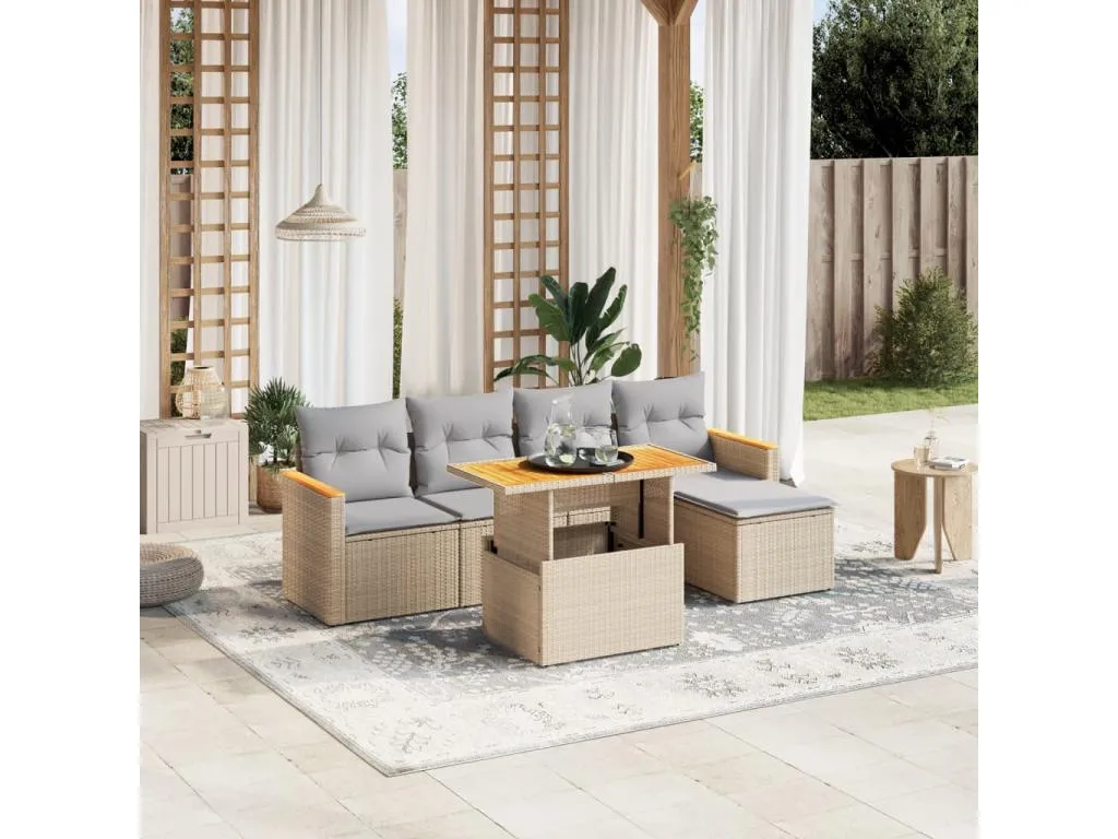 Juego de sofás jardín con cojines 6 pzas ratán sintético beige 01057siqm