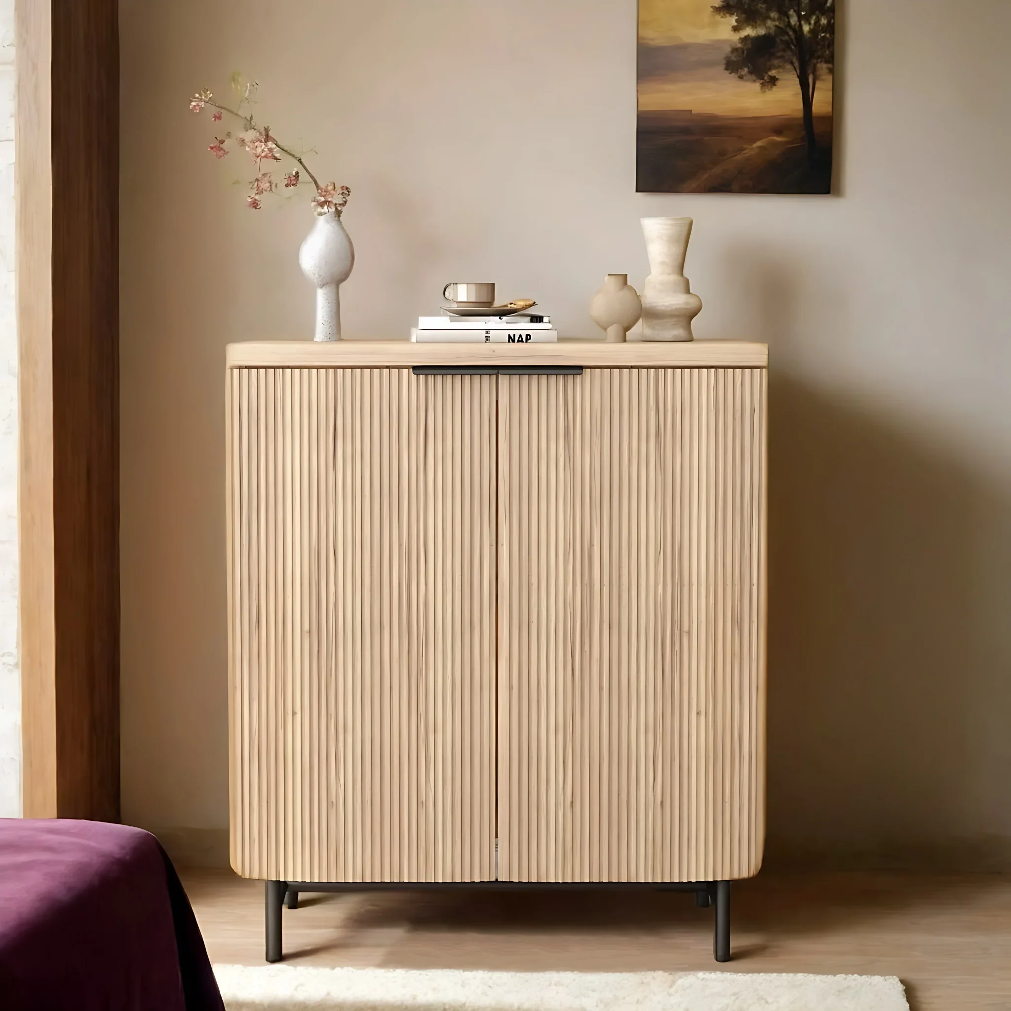 Vivvoo 30" Wood Nightstand Fluted Door Accent Cabinet