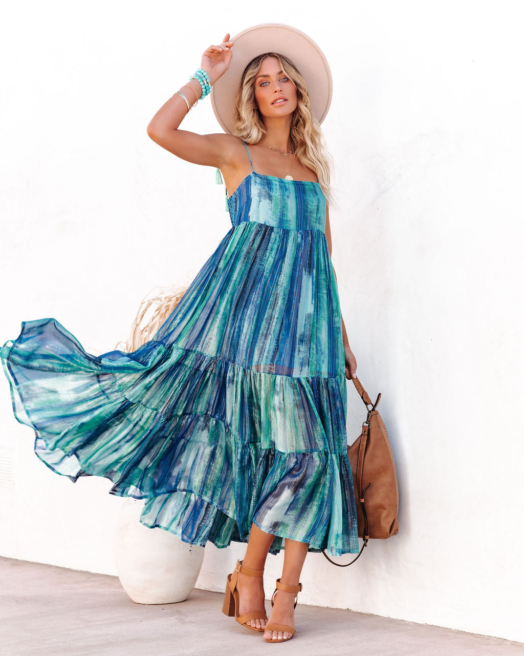 Waterdrop Tiered Shimmer Midi Dress - Blue Multi - Se7enfashion