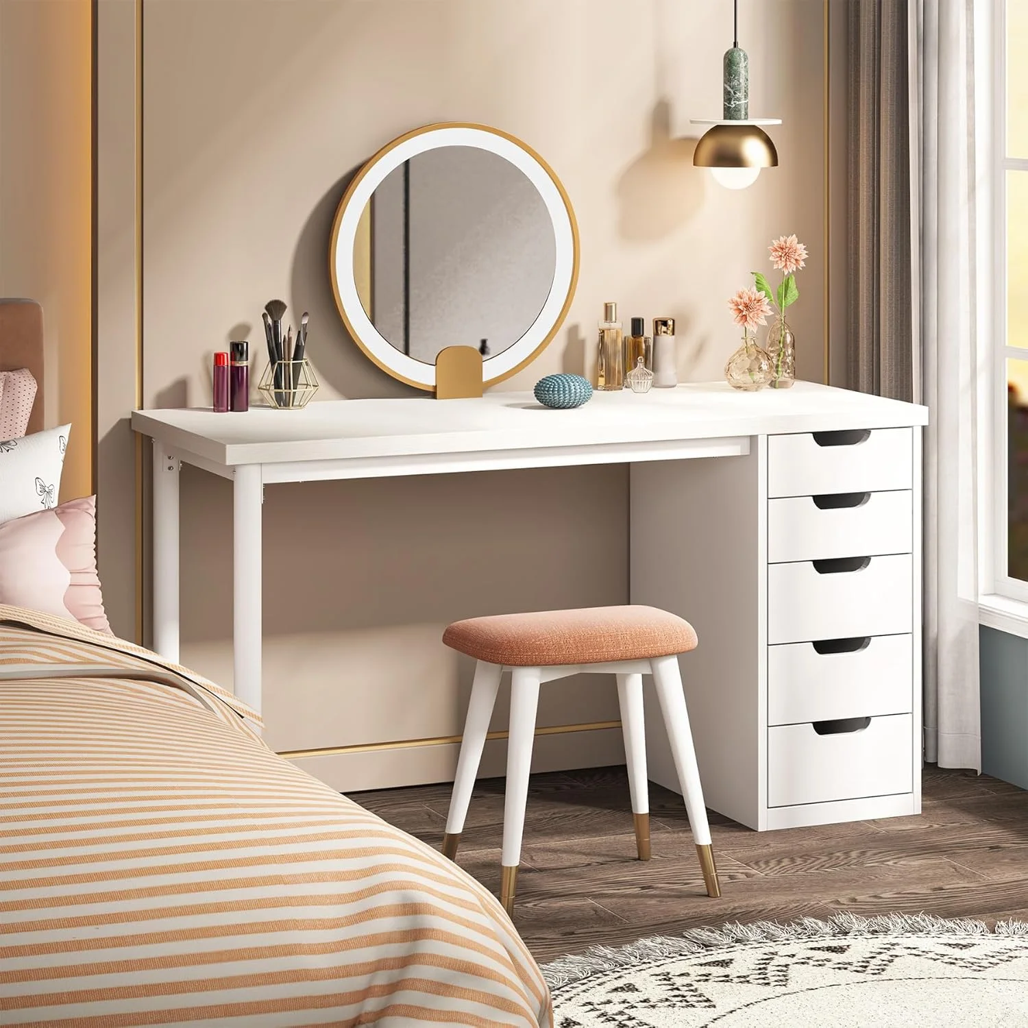 Tribesigns 47 inches Vanity Desk with 5 Drawers, Rustic Makeup Dressing Table with Storage, Modern Simple Computer Desk for Women, Girls (Brown) - Image 10