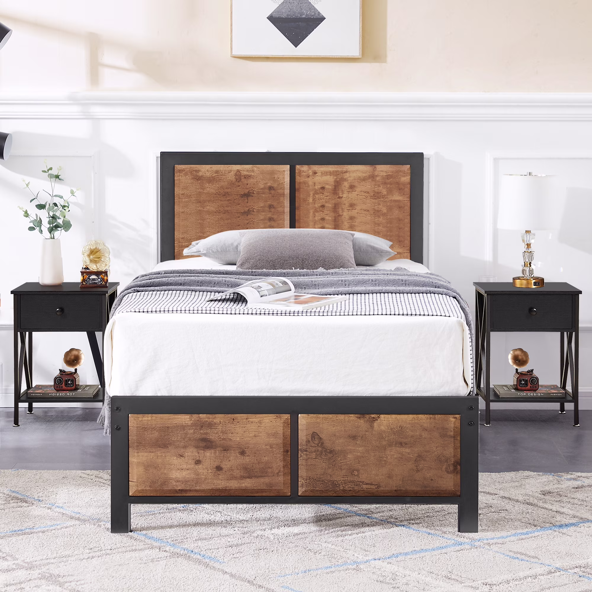 VECELO 3 - Piece Bedroom Set with Twin Size Bed Frame and 1 - Drawer Black Nightstands(Twin/Black Nightstands)