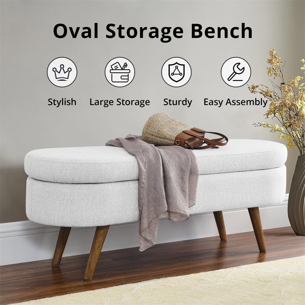 Sumdeal 43.5" Storage Ottoman Bench with 250lb Seating, Linen Upholstered Wood Legs Safety Hinge Flip Top Oval Foot Rest Long Stool for Sofa Couch Bedroom End of Bed Living Room Entryway, White - Image 12
