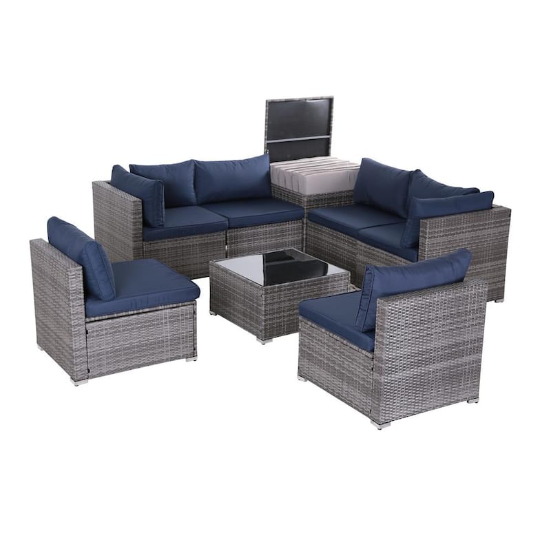 Set de Sofá Seccional Exterior de 8 Piezas en Ratán Gris con Cojines Azul Marino, Ideal para Jardín, Balcón y Patio je3074655