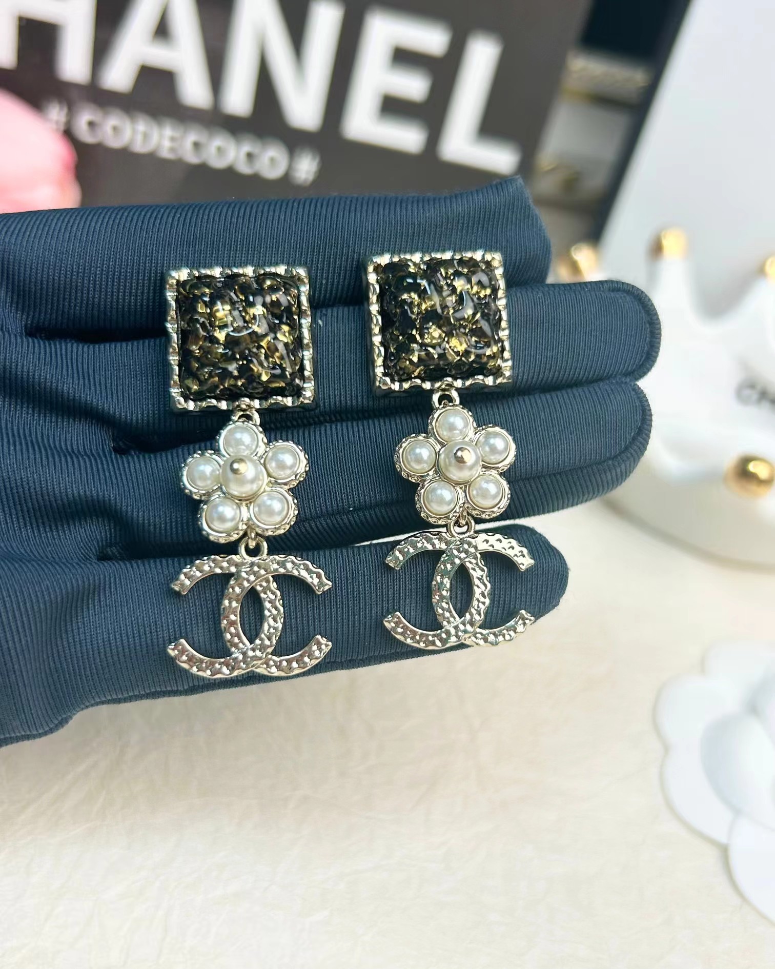 Chanel Pearl Flower Double C Dangle Earrings - Original Replica Club
