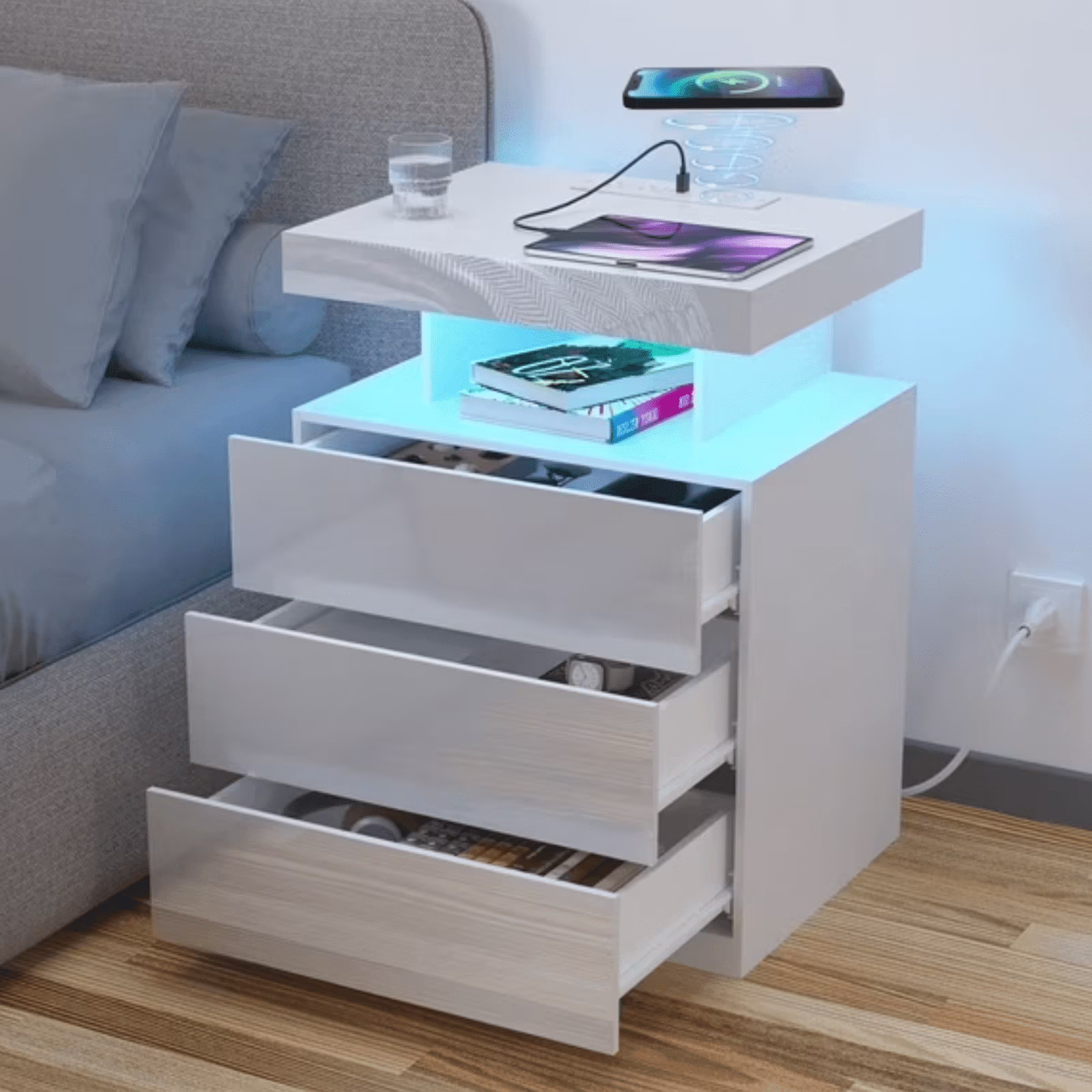 Hommpa LED Nightstand Wireless Charging Station USB Type C Outlets Bedside Table 3 Drawers Black Night Table Modern Smart Nightstand High Gloss End Side Table for Bedroom Furniture 26.8" Tall - Image 8