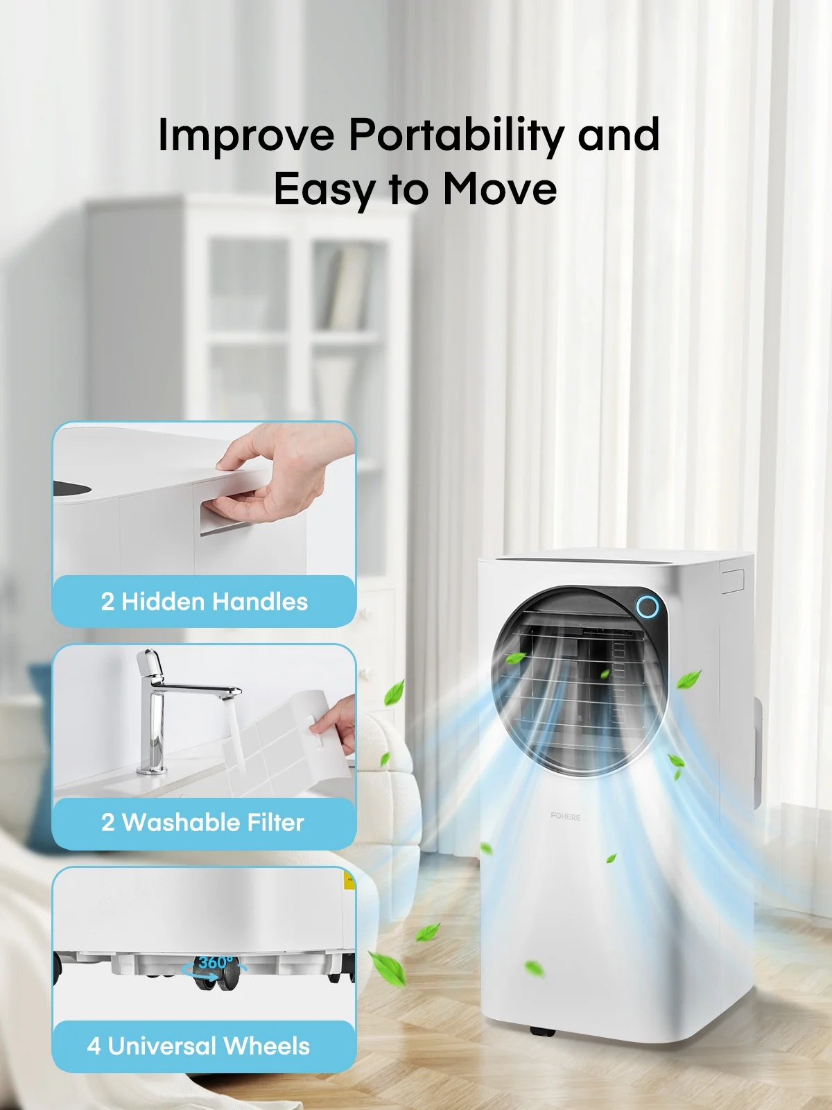 FOHERE 12000 BTU Portable Air Conditioner for Room Cooling and Heating, Covers up to 550 Sq. Ft, 4 IN 1 All Season AC Portable Air Conditioner with Remote Control and Window Kit, White - Image 10