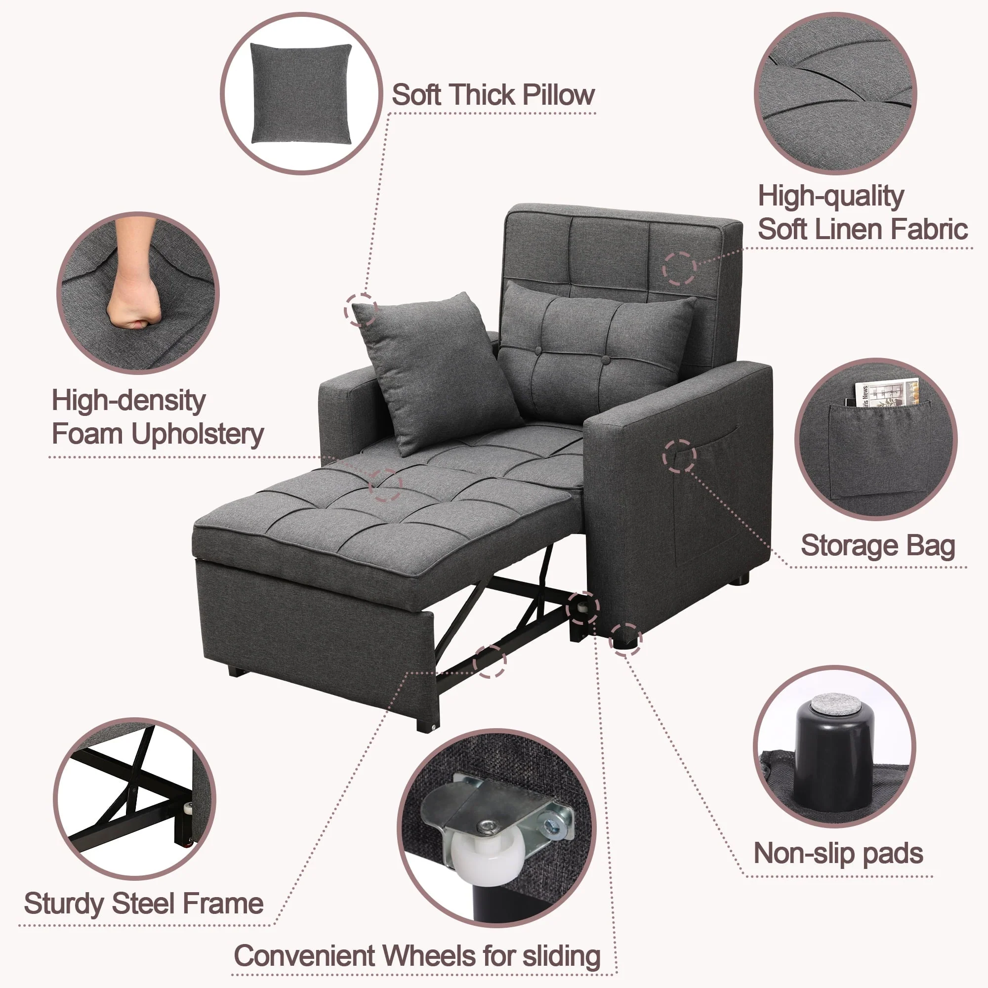 Tolead 3-in-1 Convertible Sofa Bed Sleeper Chair with Adjustable Backrest, Gray - Image 5