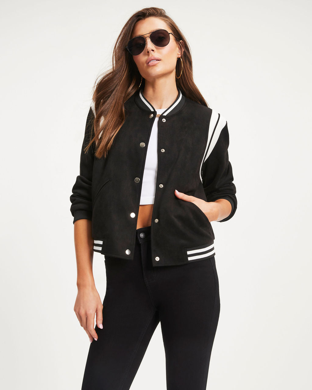 Cruz Pocketed Faux Suede Bomber Jacket - Black - Se7enfashion