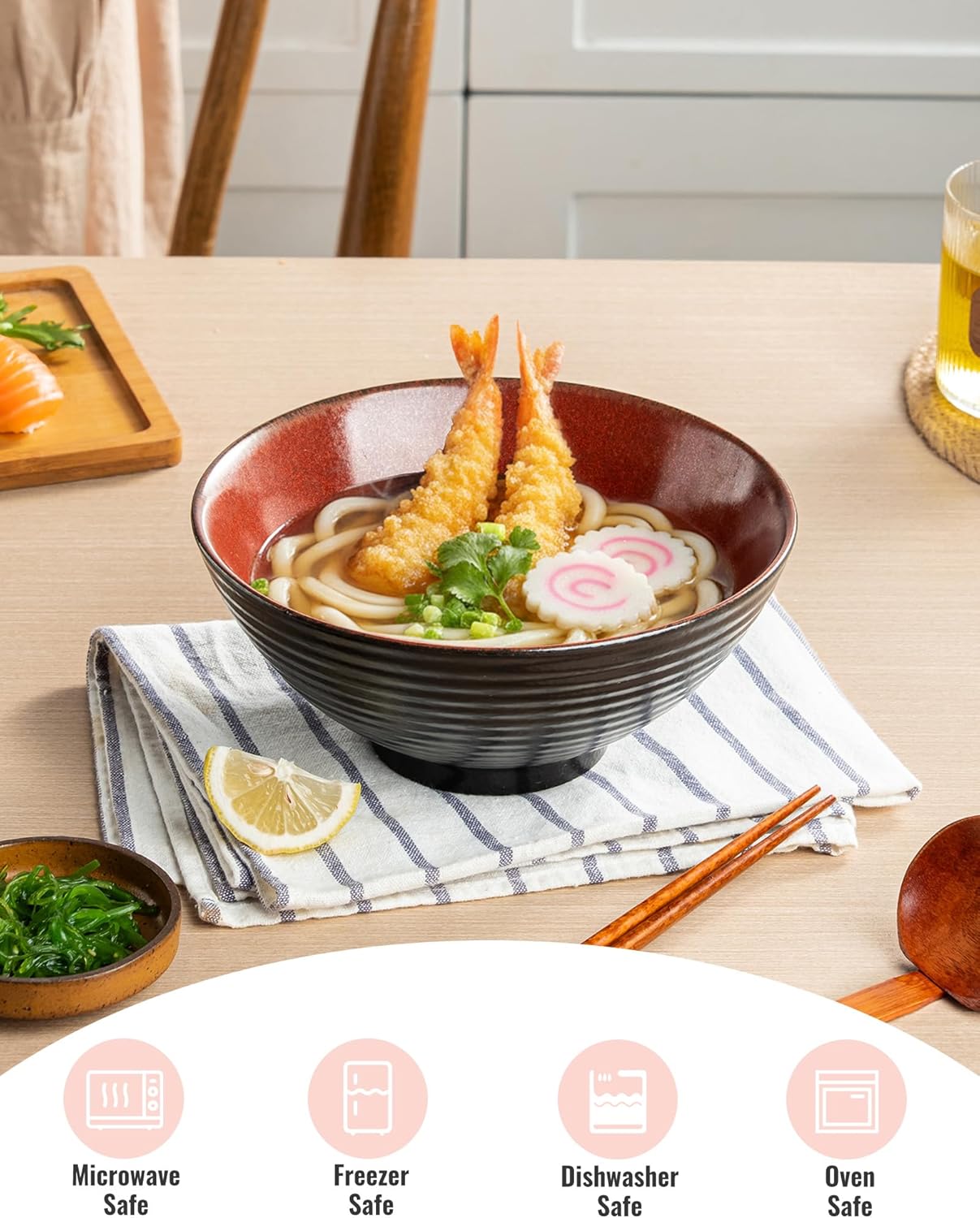 Large Japanese Ramen Bowl Set of 4, Material Safety Ceramic Ramen Bowls with Matching Chopsticks and Spoons, 8 Inch 40oz Pho Bowls Ramen Noodle Bowl for Asian Udon Soup Salad Cereal(Red)