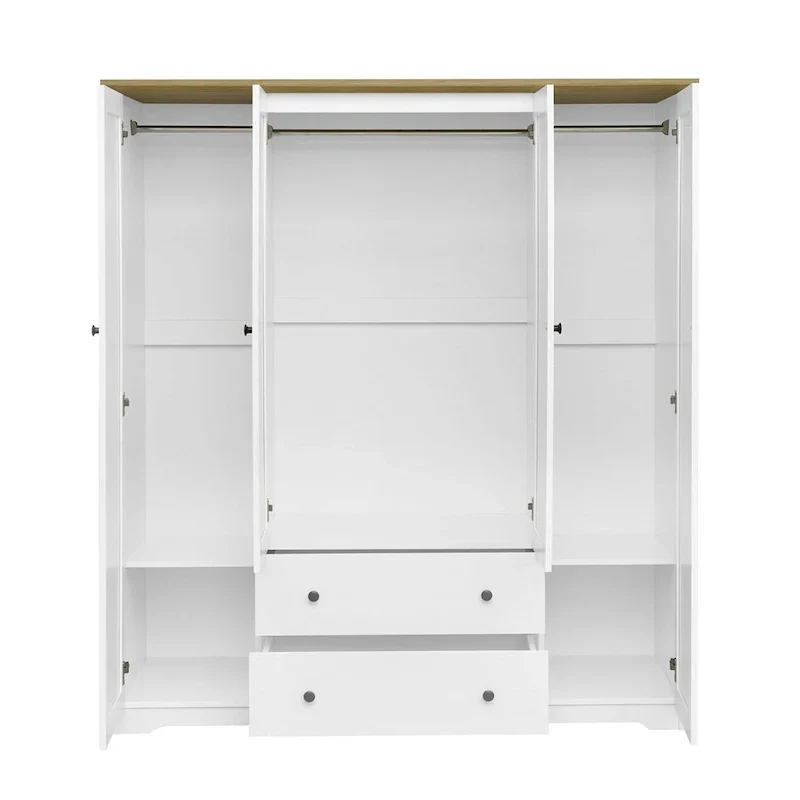 Freestanding 4-Door Wardrobe Armoire with 2 Drawers and Hanging Rods for Clothes Storage