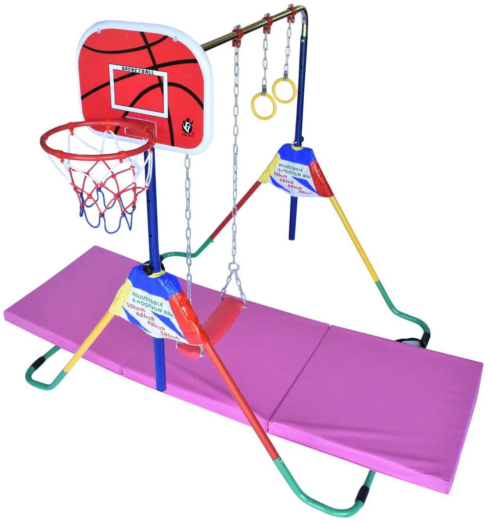 Adjustable Height Gymnastics Bar for Kids Kip Bar 6 in 1 Set, 6'x2' Gymnastic Tumble Mat, Swing Seat, 2 Trapeze Rings, Basketball Hoop, Home Junior Training Monkey Bars Fitness Balance Horizontal Bar - Image 4