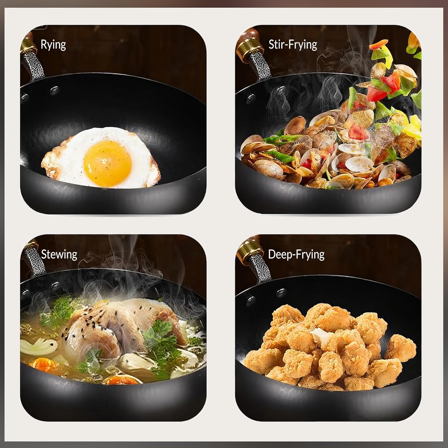 MACTANO Uncoated Iron Pan, Nonstick Wok Hand Forged Iron Pan with Lid Stir Fry Wok Skillet for Cooking - 9.44IN