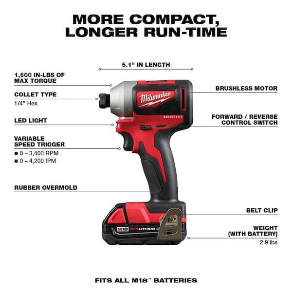 M18 18V Lithium-Ion Brushless Cordless Compact Drill/Impact Combo Kit (2-Tool) W/ (2) 2.0Ah Batteries, Charger & Bag - Image 4