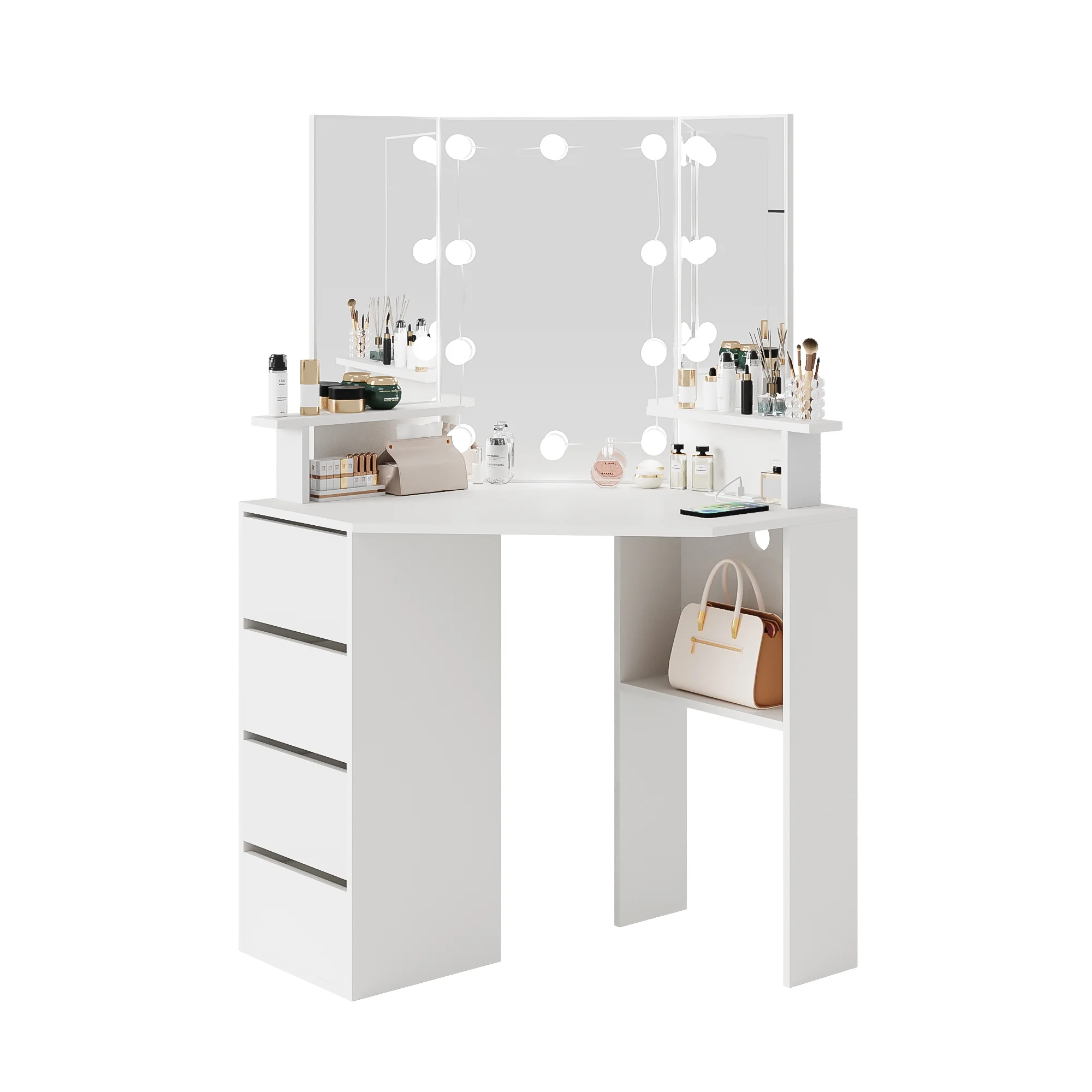 Veanerwood White Corner Vanity Desk with Mirror and Light,Makeup Table with 4 Drawers and Charging Station for Bedroom - Image 8