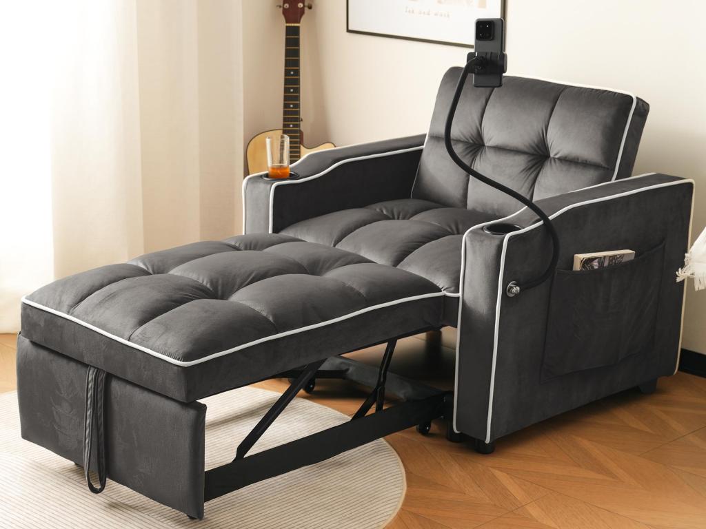 Sillón retráctil de terciopelo - con portavasos y soporte para teléfono móvil - Gris