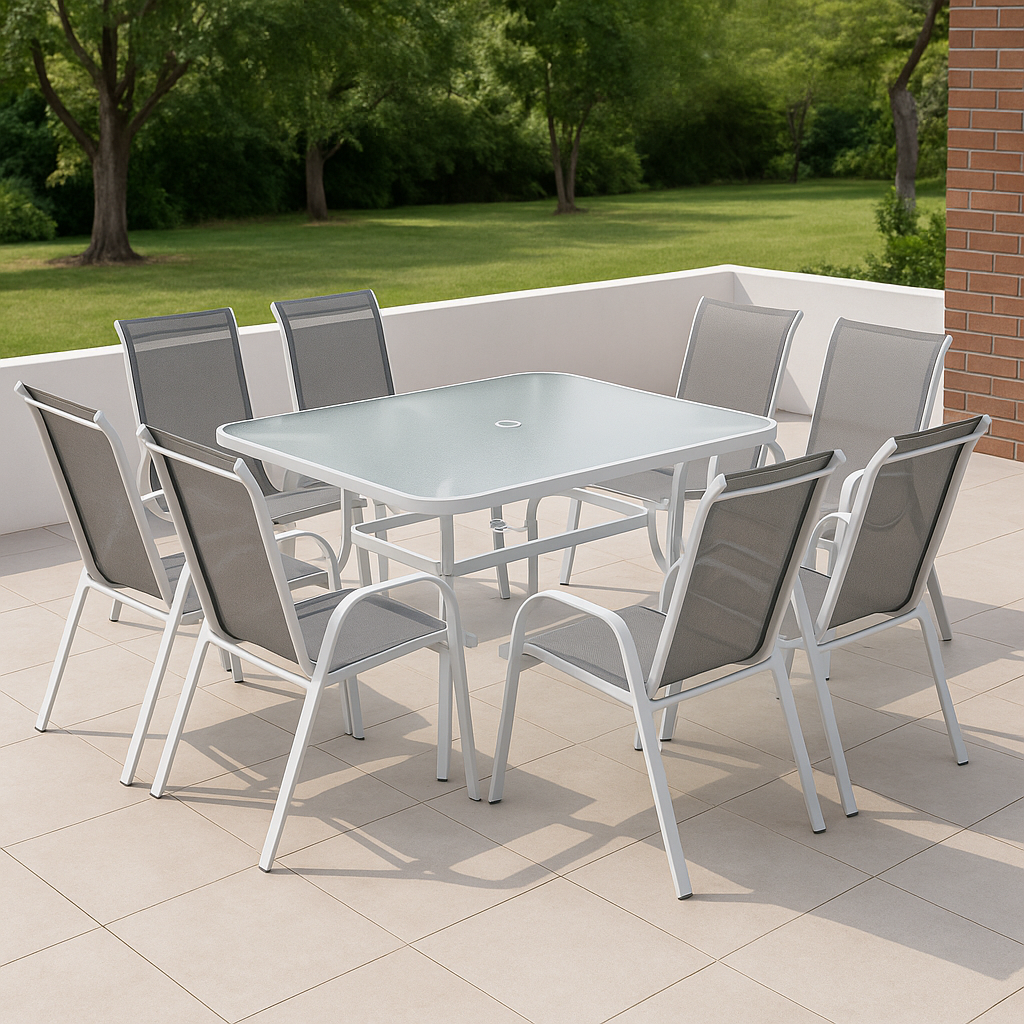 Conjunto comedor jardín blanco gris metal vidrio exterior