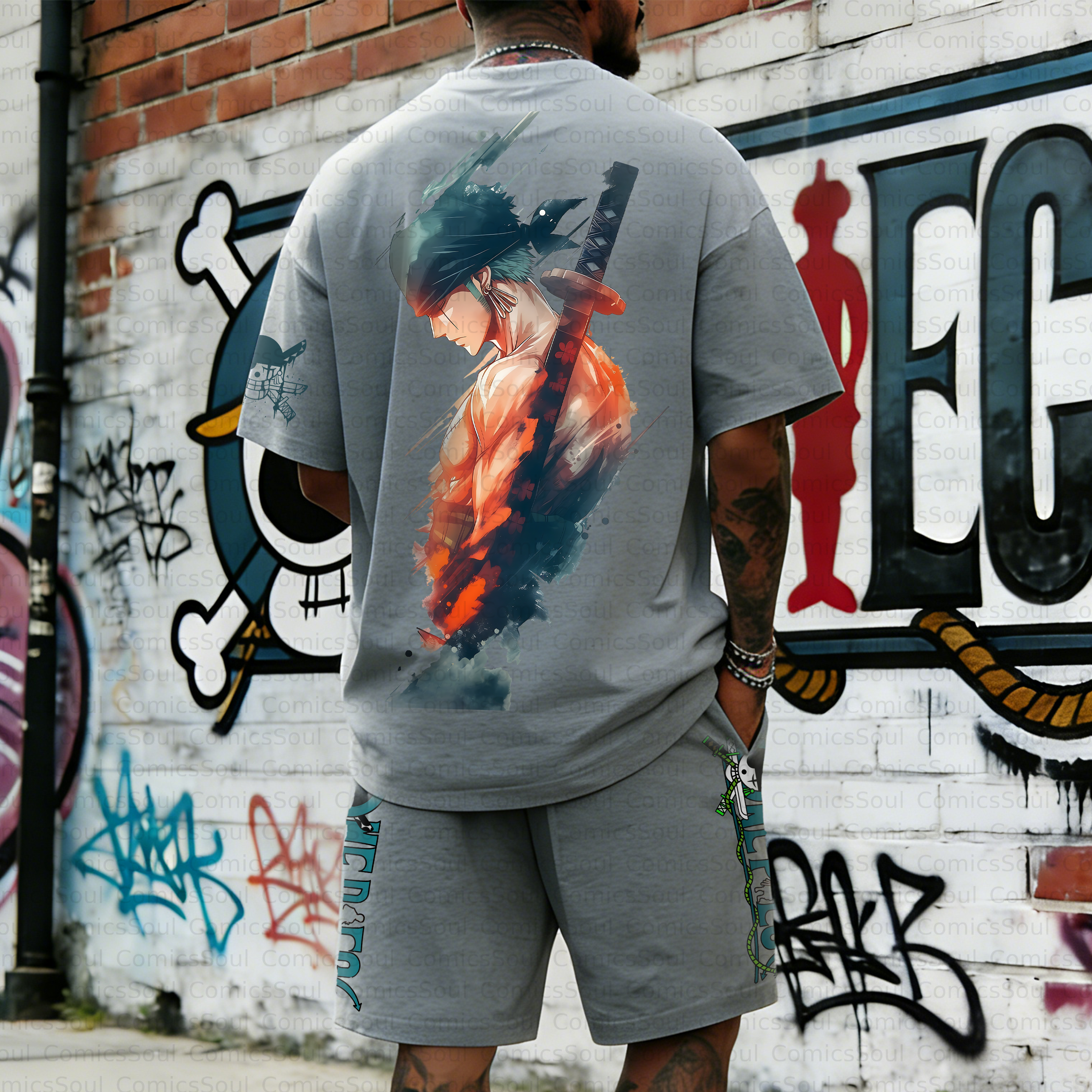 Unisex Anime Inspired Vintage T-shirt& Shorts 2 Pieces Set