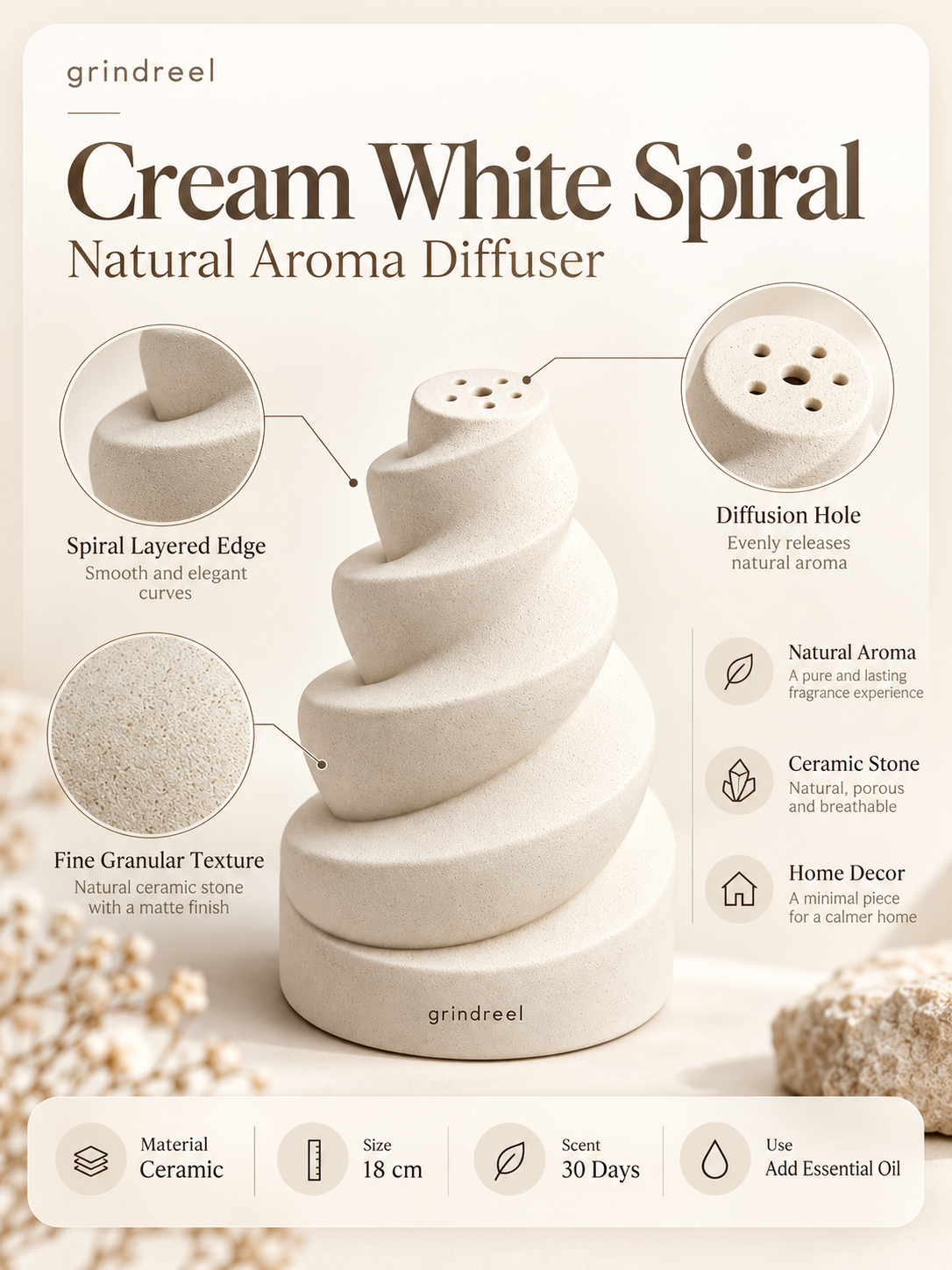 Cream White Spiral Diffuser detail view