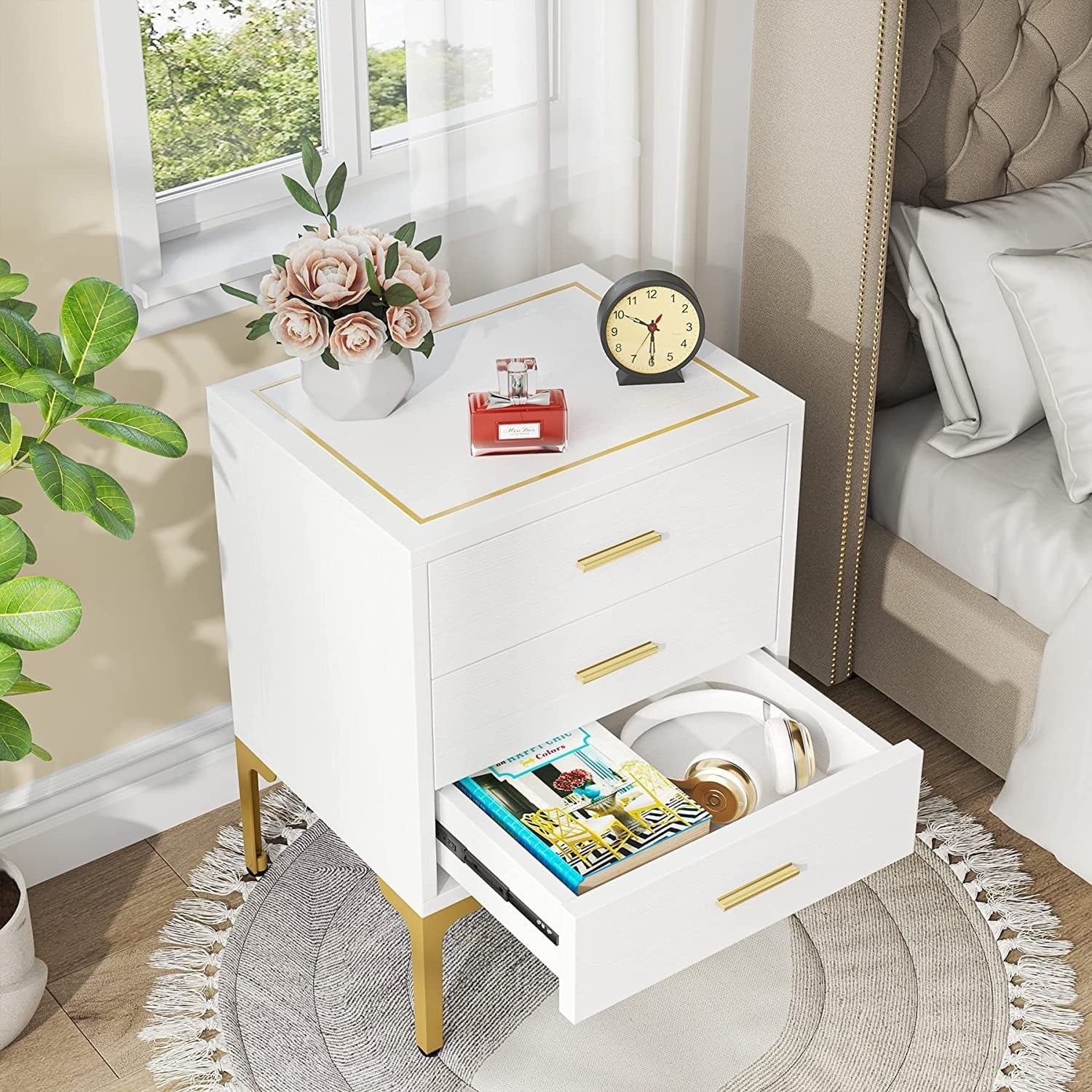 White Gold Nightstand, Modern 3 Drawers Bed Side Table for Bedroom 2 Pcs - Image 5