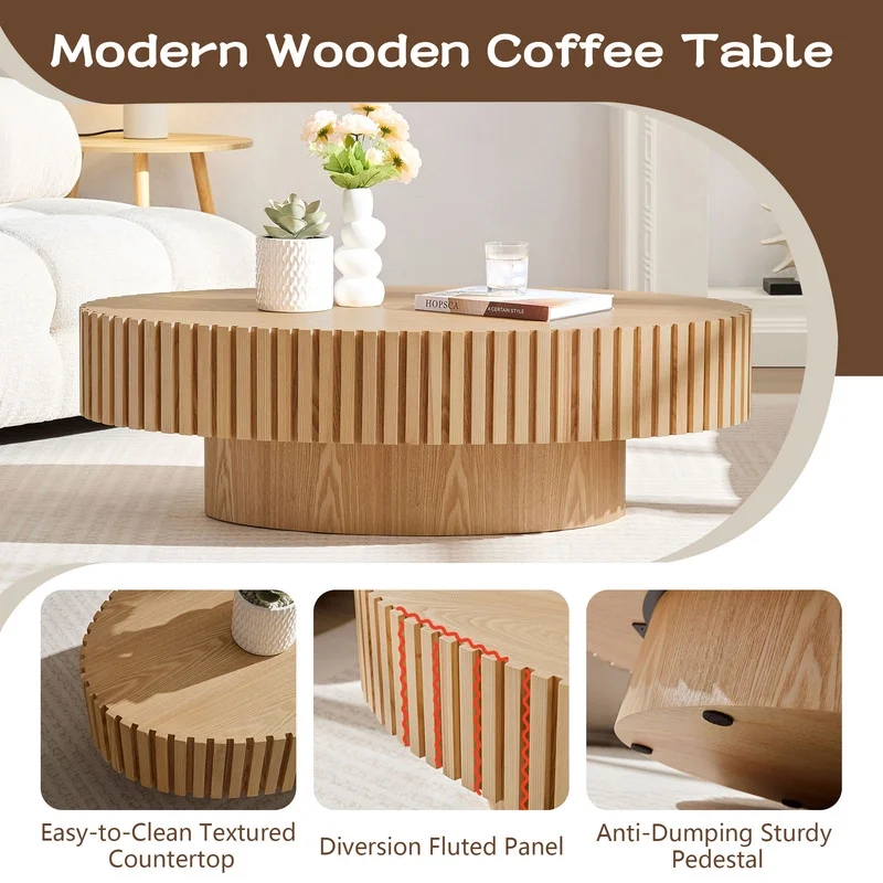 FFH 43.7 inch Oval Coffee Table for Living Room,Handcraft Rustic Corner Coffee Table Nature Wood Relief Sturdy Pedestal for Apartmen,Side Table Centre Table,Nature Wood - Image 47