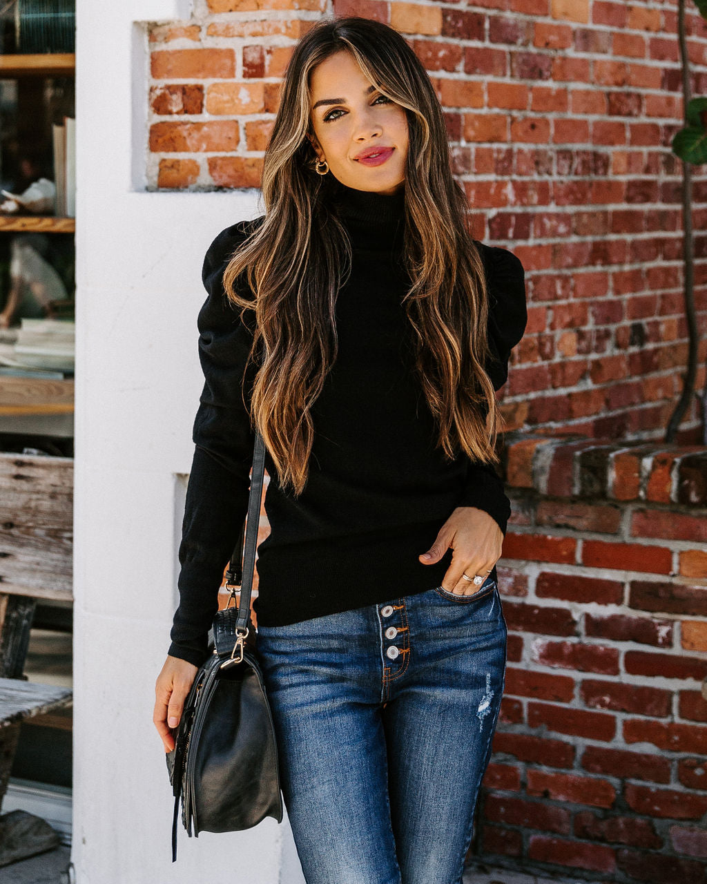 Adamant Puff Sleeve Turtleneck Sweater - Black - Se7enfashion