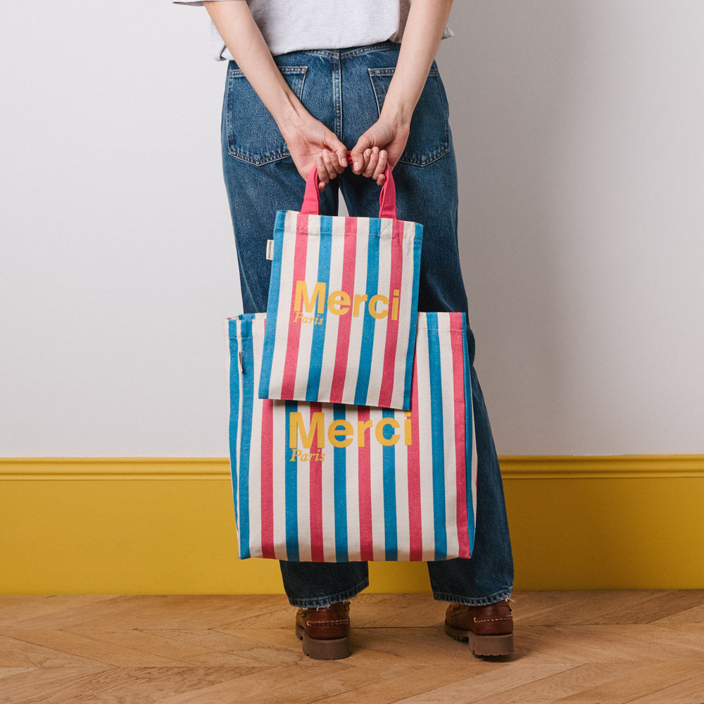 Merci - Tote Bag en coton rayé - Rose & Bleu