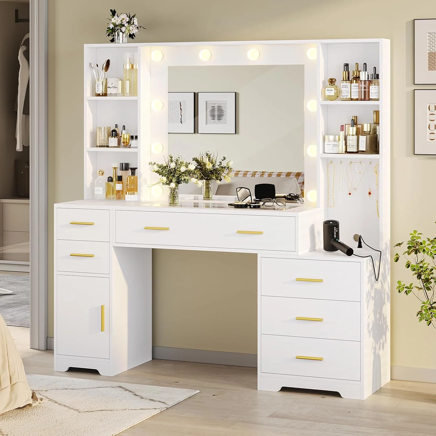 Hasuit 48.8'' Large Vanity Desk with Lighted Mirror & Power Outlet, Makeup Vanity Table