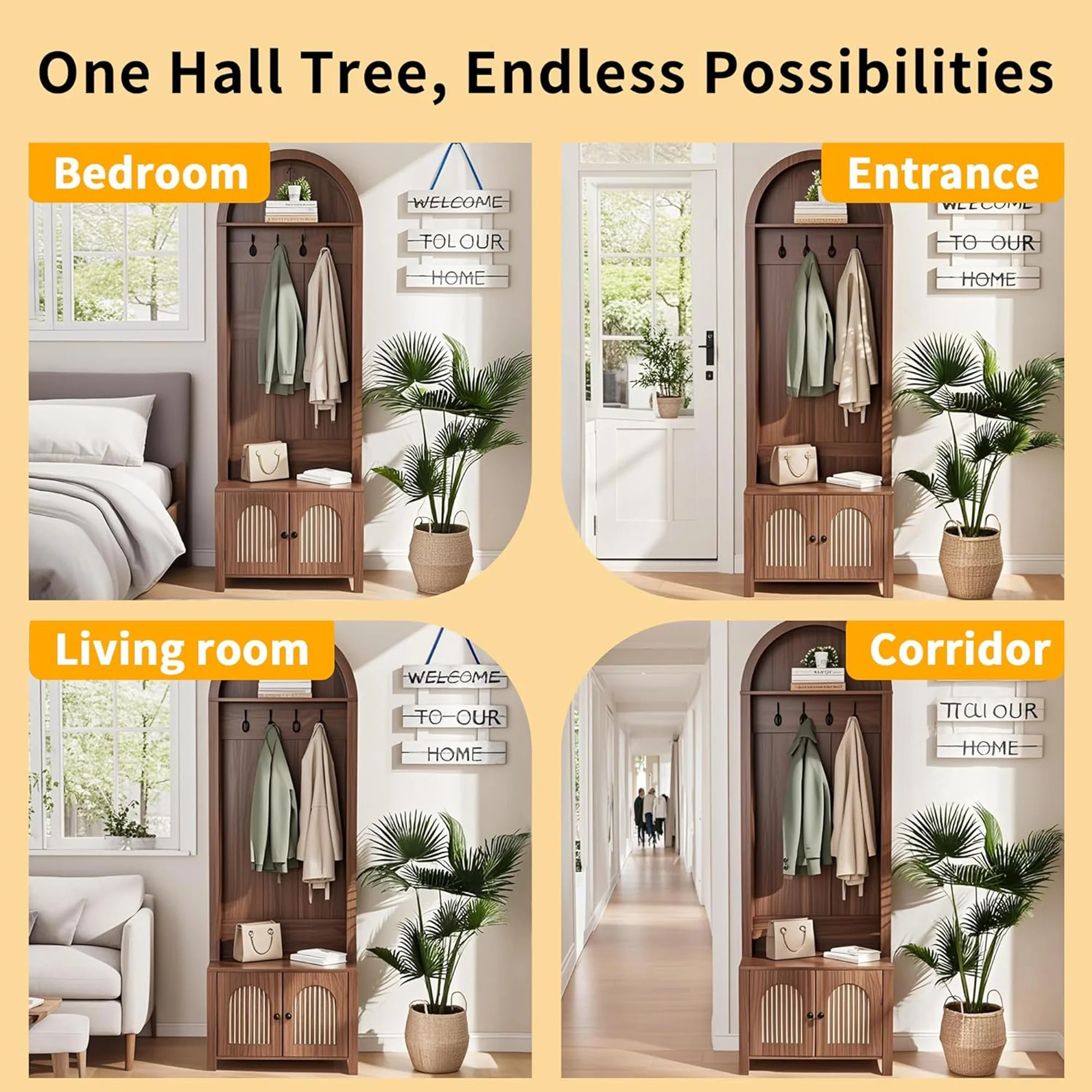 LUCKYELF Hall Tree with Shoe Storage, Entryway Bench with 4 Hooks and 2 Doors, Arch Coat Rack Cabinet for Hallway - Image 5