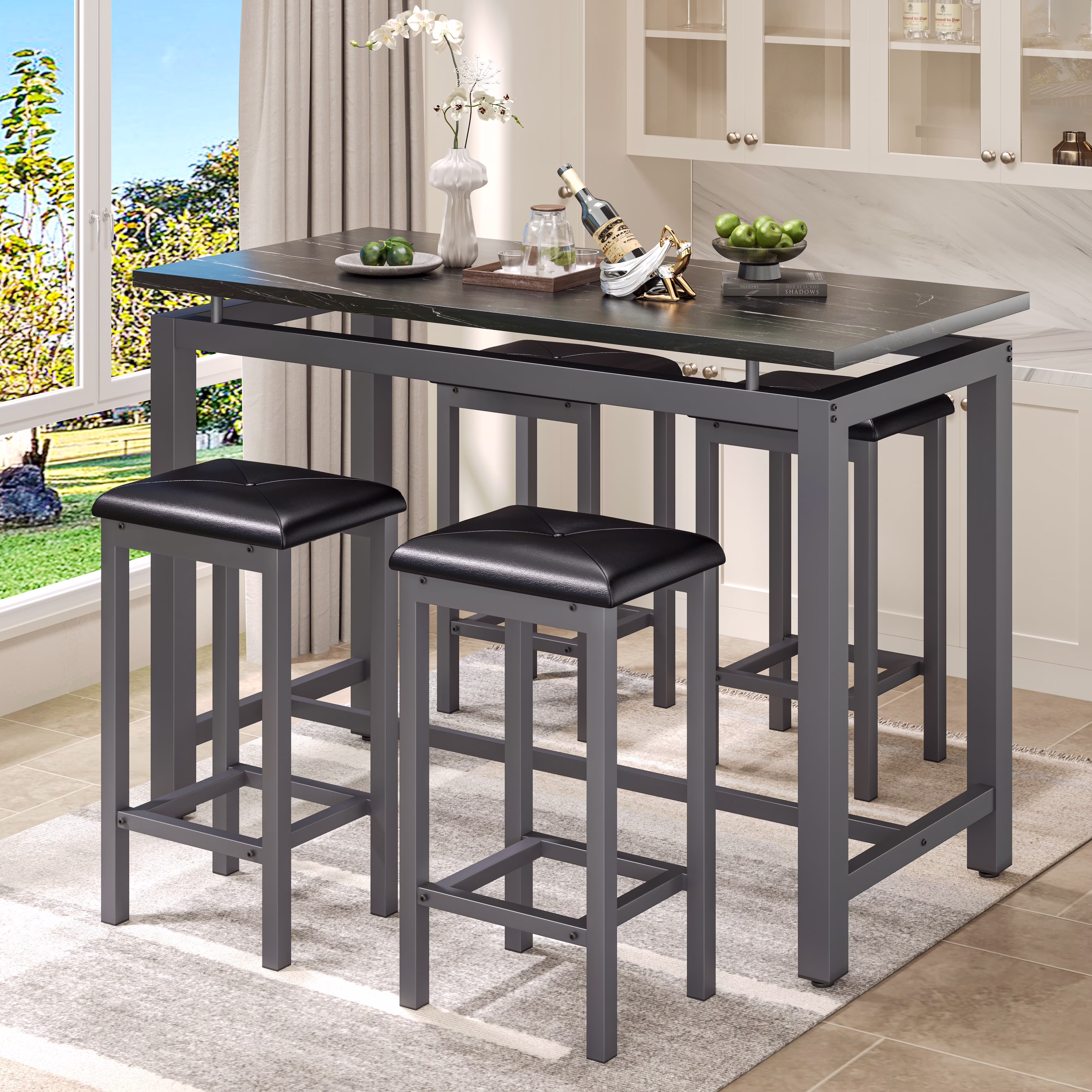 Counter Height Table Set of 5, Breakfast Bar Table and Stool Set, Minimalist Dining Table with Backless Stools, Wood Top Pub Table & Chair Set for Kitchen Apartment Bistro - Space Saving - Image 7