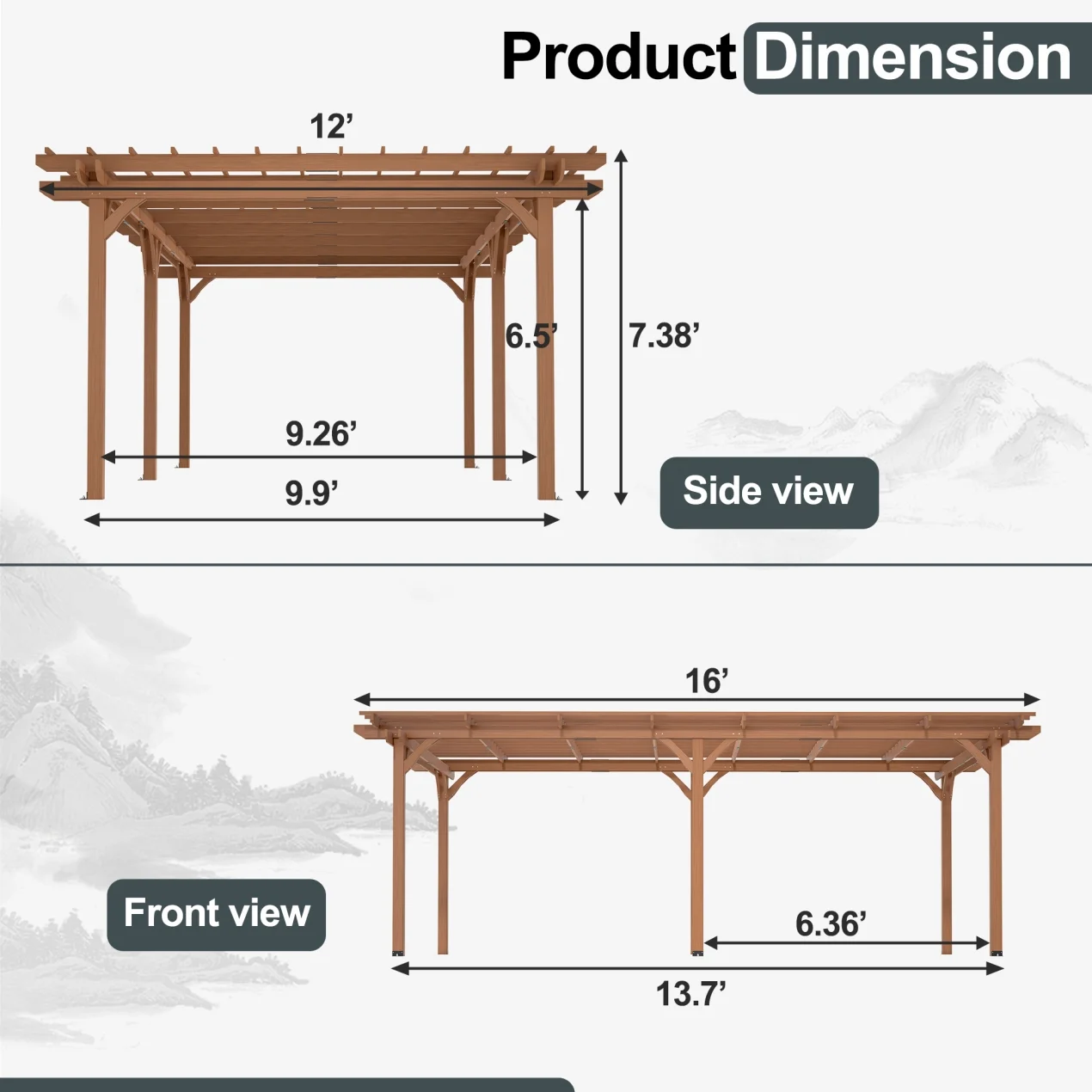12 x 10 FT Outdoor Pergola, Wooden Pergola Gazebo with Climbing Plant Support and Waterproof, for Patio Porch Garden Backyard, Brown - Image 11